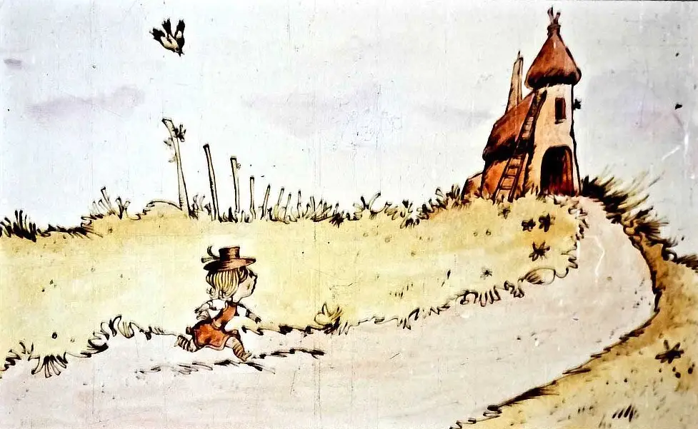 Ilustrație cu un personaj mic care se sperie și aleargă spre o căsuță.