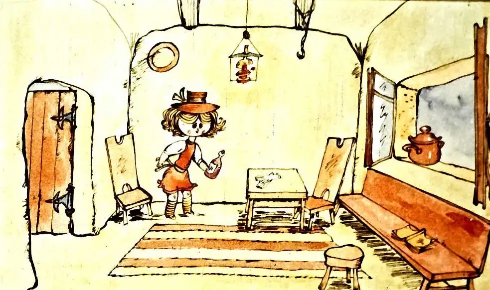 Ilustrație cu un interior de cameră, cu un personaj care ține o sticlă și descoperă obiecte pe o masă.