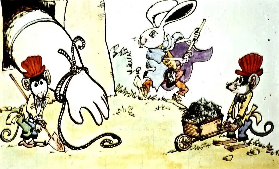 Ilustrație colorată cu animale, inclusiv un iepure și două șoareci, care observă o mână mare și o scenă de aruncare a pietrelor.