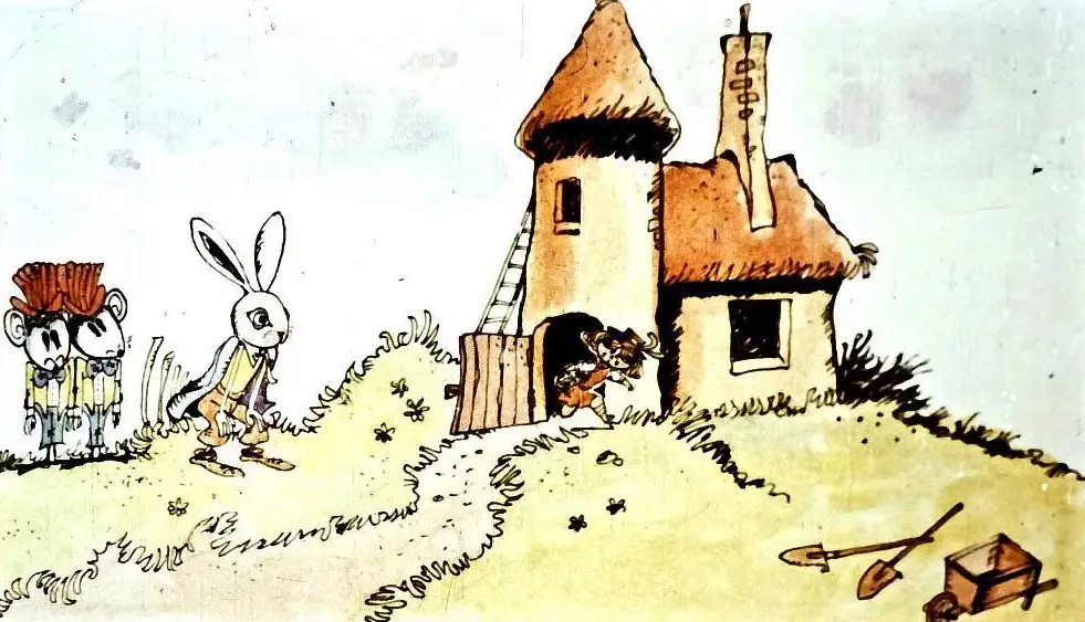 Ilustrație dintr-o poveste cu personaje fantastice, inclusiv o iepur și o fată care fuge.