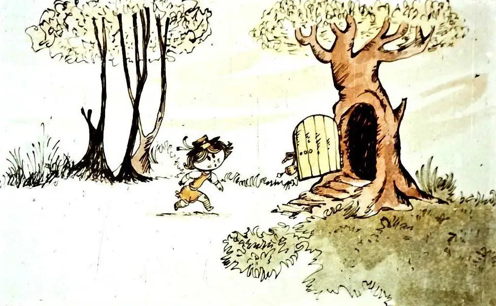 Imagine ilustrativă cu un copil care descoperă un copac cu ușă, împreună cu un text despre curiozitatea de a intra în copac.