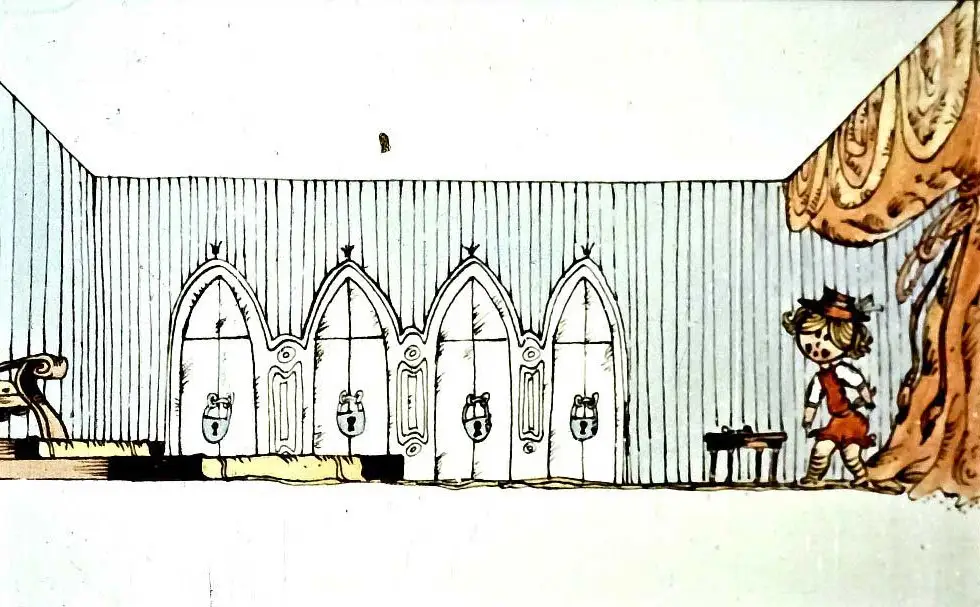 O ilustrație cu un personaj dintr-o poveste care intră într-o încăpere lungă, având uși arcuite și mobilier simplu.