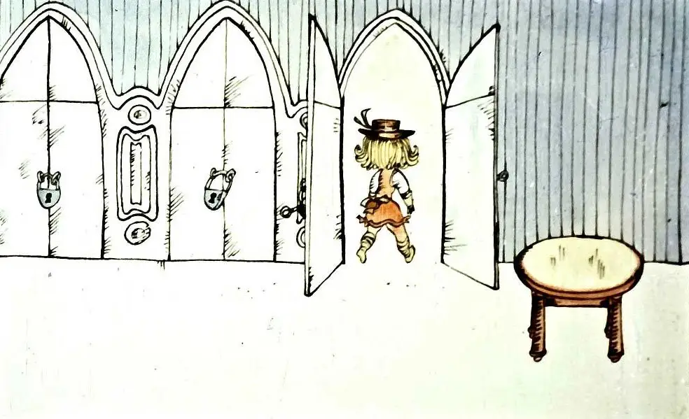 Ilustrație a unei fetițe care iese printr-o ușă în formă de arc, merind spre o grădină.