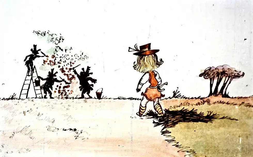 Imagine reprezentând o fetiță care se îndreaptă spre trei grădinari care vopsesc flori.