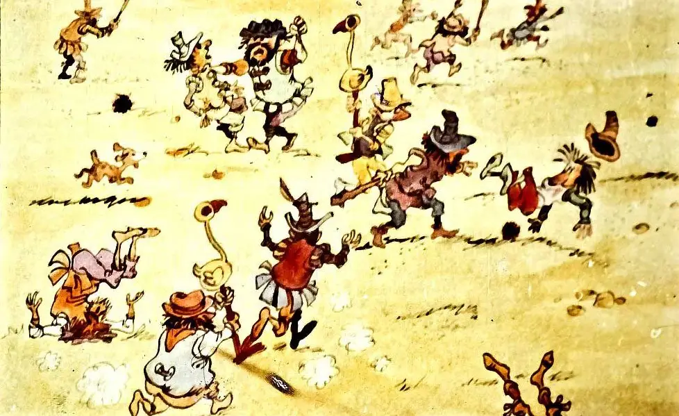 O scenă animată cu personaje care joacă și se împing în urmă, exprimând agitație și chaos.