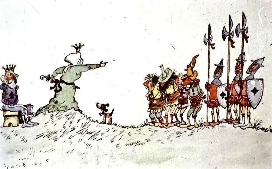 O ilustrație care arată o regiune medievală, cu o regină și un grup de soldați, reflectând o poveste despre pedeapsă și grațiere.