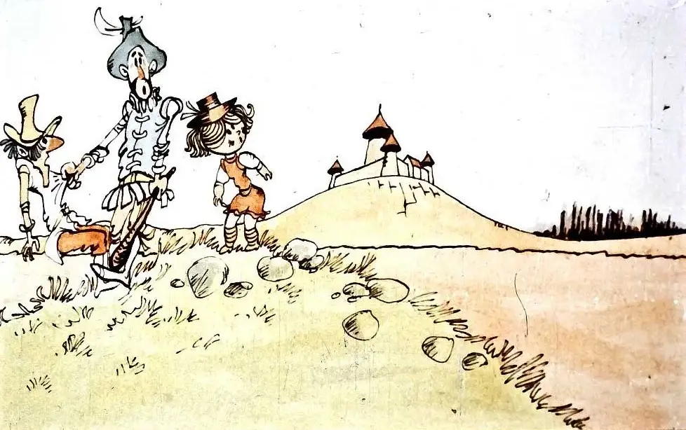 Ilustrație cu personaje care se îndreaptă spre un castel, în fundal, cu text care spune 'Deodata se auzi, din departare, un glas care striga: „Incepe judecata!“'