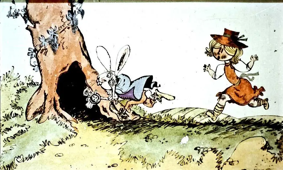 Ilustrație a unei scene cu un iepure și o fetiță, cu text care descrie acțiunea.