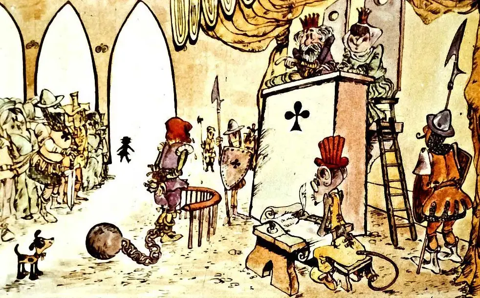 Ilustrație care prezintă o scenă dintr-un tribunal cu personaje fantastice, incluzând un rege și o regină pe tron și un valet legat.