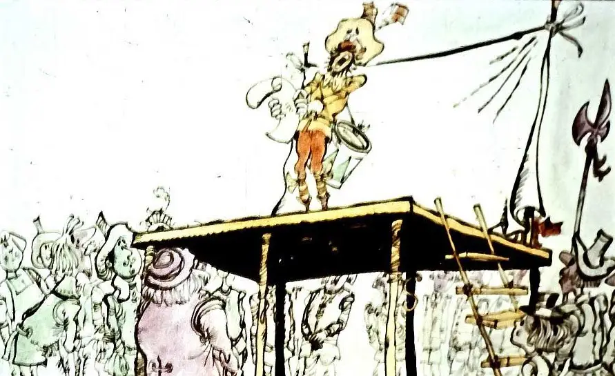 Ilustrație colorată cu un personaj pe o platformă citind un act de acuzare, înconjurat de o mulțime care ascultă.