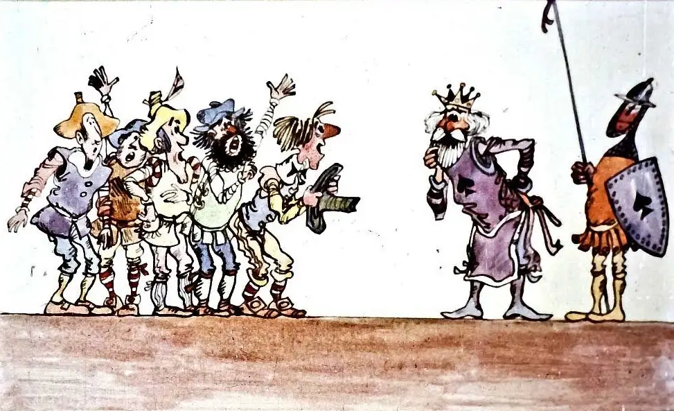 Ilustrație cu un grup de personaje care ascultă un martor, având un rege în prim-plan.