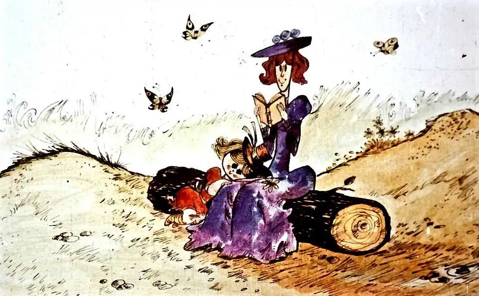 O ilustrație cu o femeie și un copil pe iarbă, citind, cu fluturi în jur.