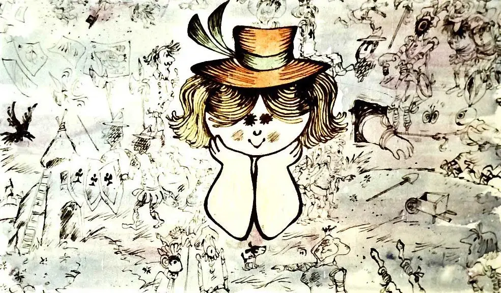 Ilustrație cu un personaj de desen animat care gândește despre amintiri din copilărie, înconjurat de diverse personaje și simboluri fantastice.