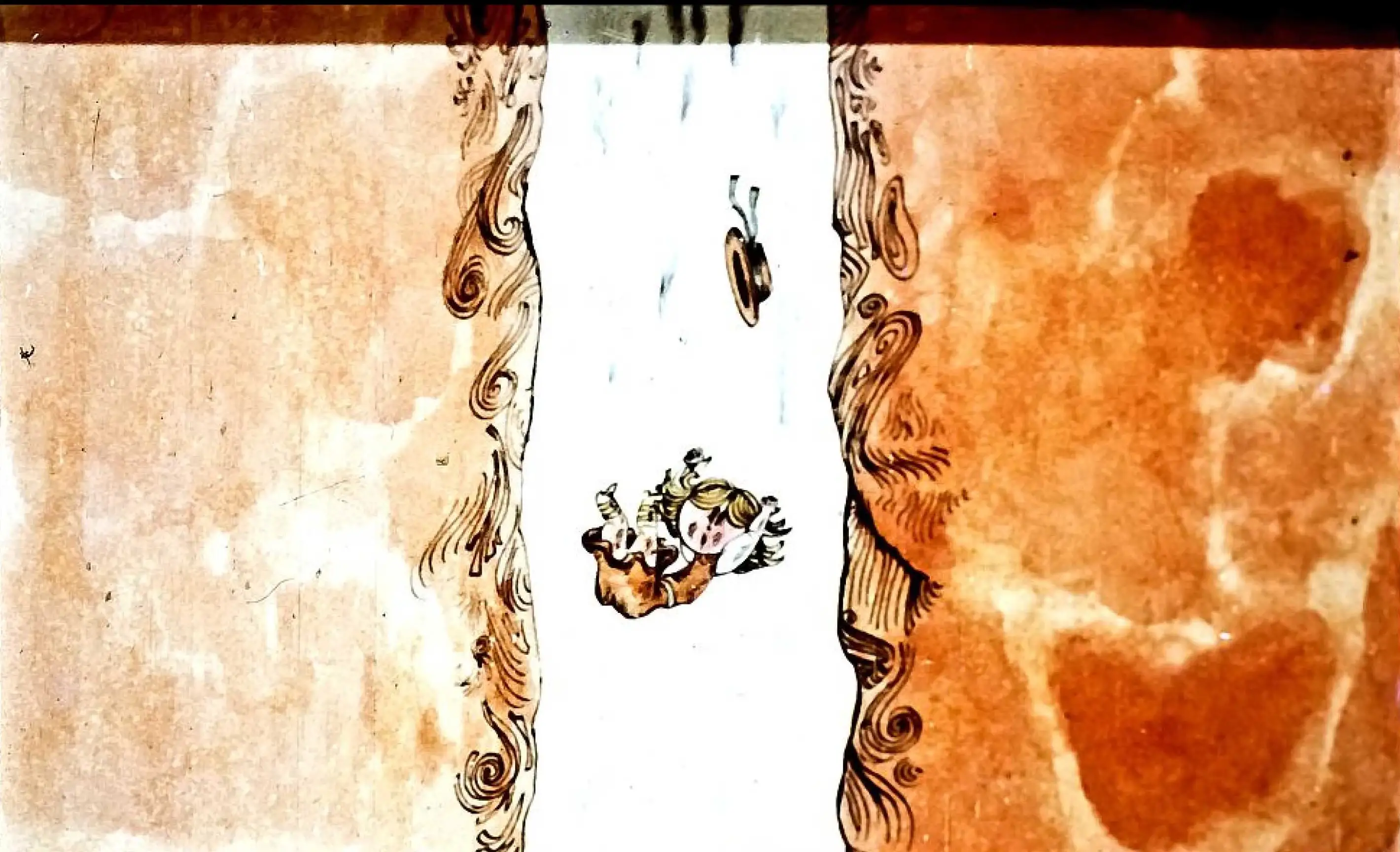 Ilustrație cu un text literar despre o experiență de cădere, prezentată pe un fundal cu un personaj și un peisaj simplificat.