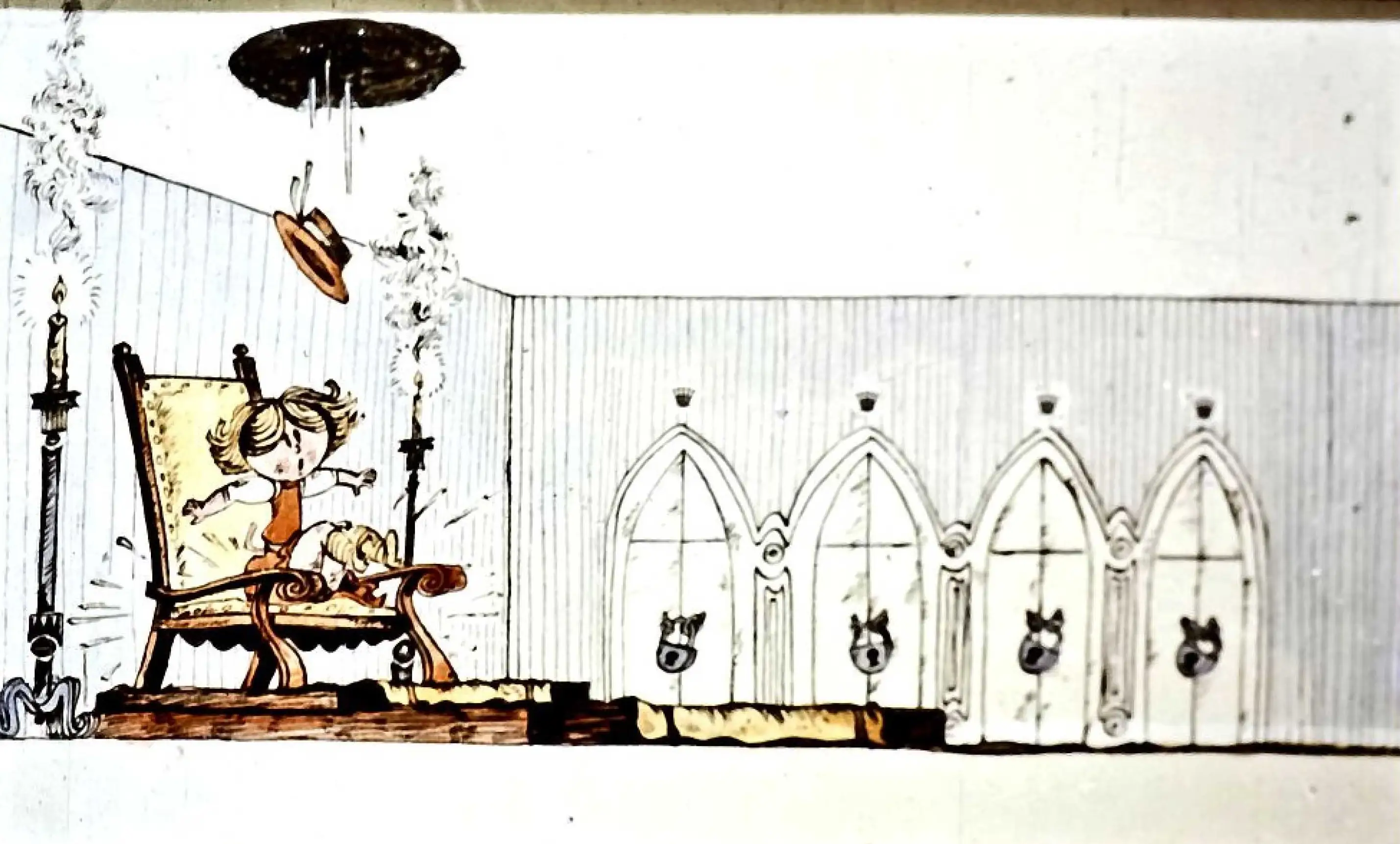 Ilustrație care arată o scenă din povestea lui Alice, cu Alice pe un scaun și uși încuiate în fundal.