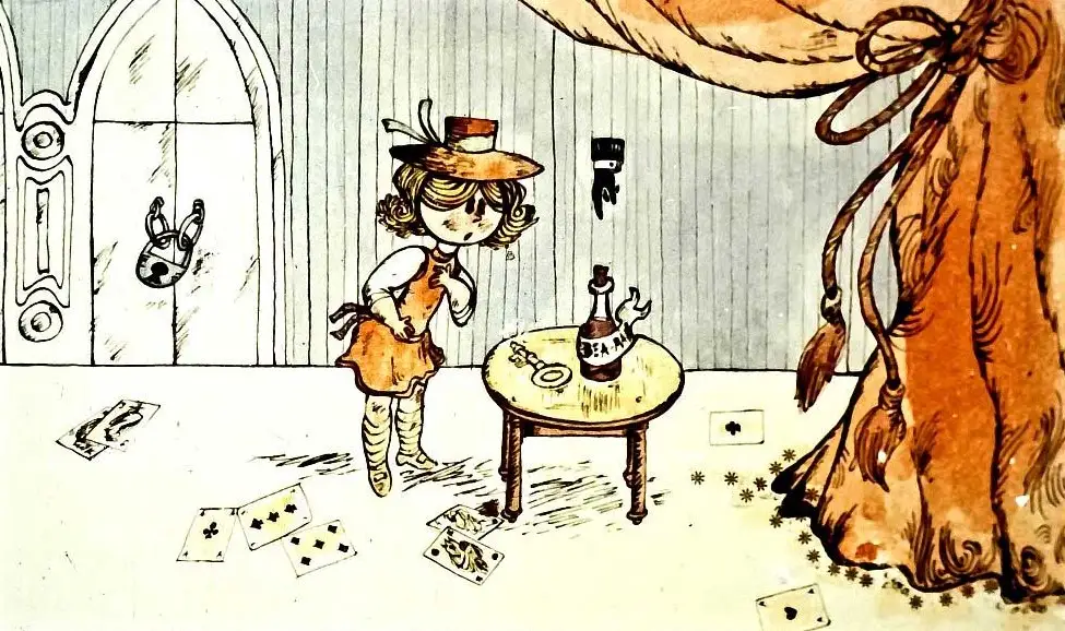 Ilustrație cu o măsuță de sticlă, o sticlă cu etichetă și o fetiță cu pălărie, în stil de poveste.