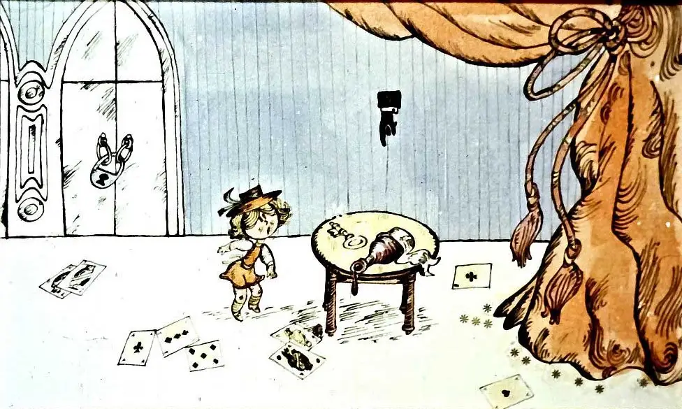 Ilustrare a unei scene cu un personaj numit Alice care observă o schimbare în dimensiunile ei.