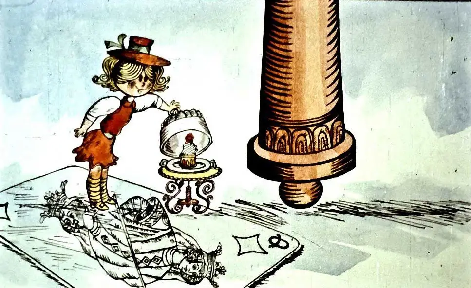 Imagine colorată cu un personaj de desen animat care deschide o cutie de sticlă sub o masă, cu un sărbătorit prăjitură în interior, și un subtext care descrie reacția personajului.