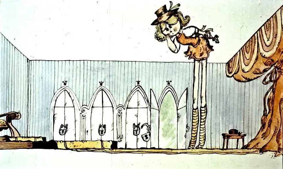 Ilustrație animată cu un personaj cu picioare foarte lungi într-o cameră cu uși, evocând o poveste fantezistă.