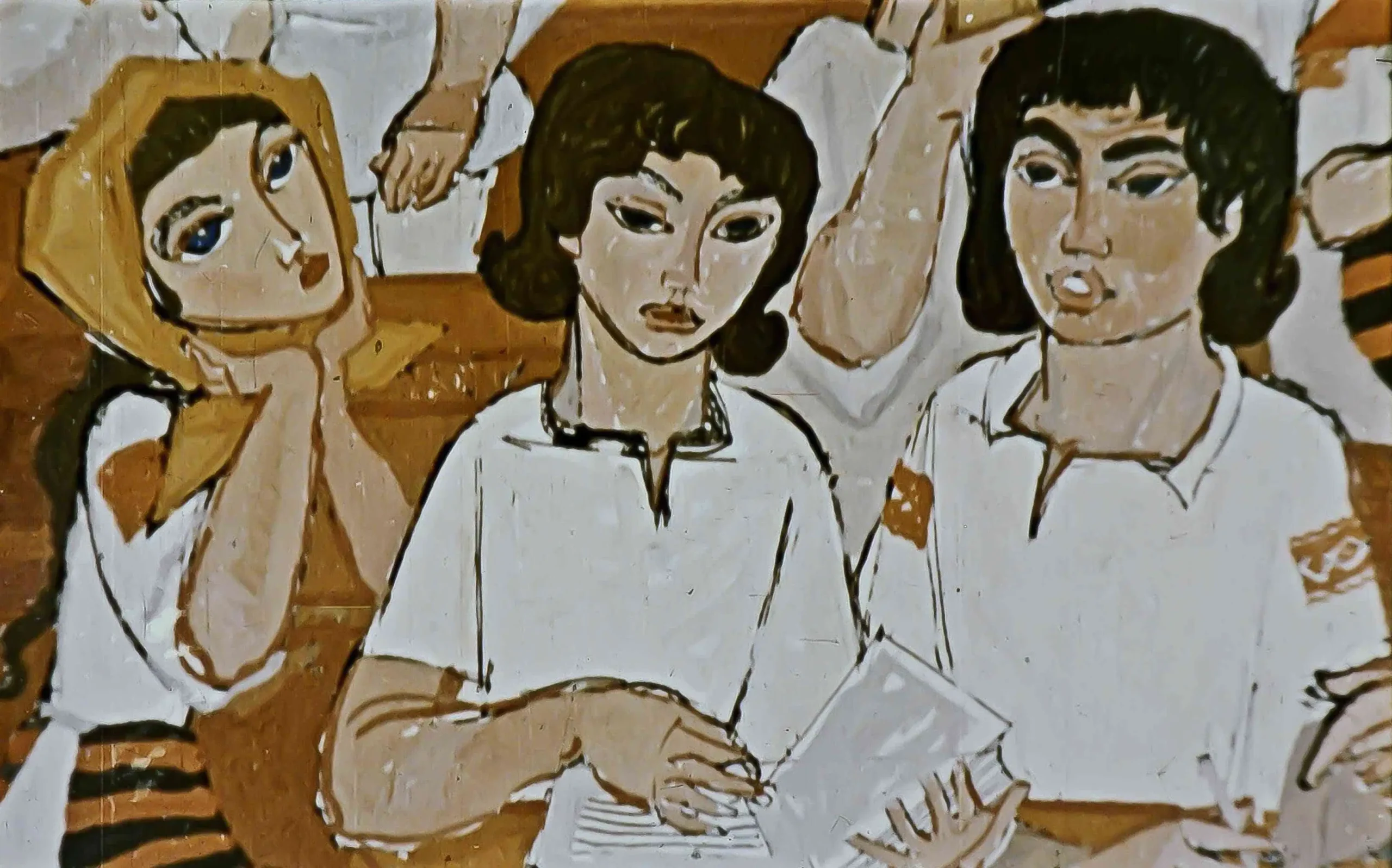 Ilustrație artistică cu personaje discutând, cu un text scris în partea de jos a imaginii.