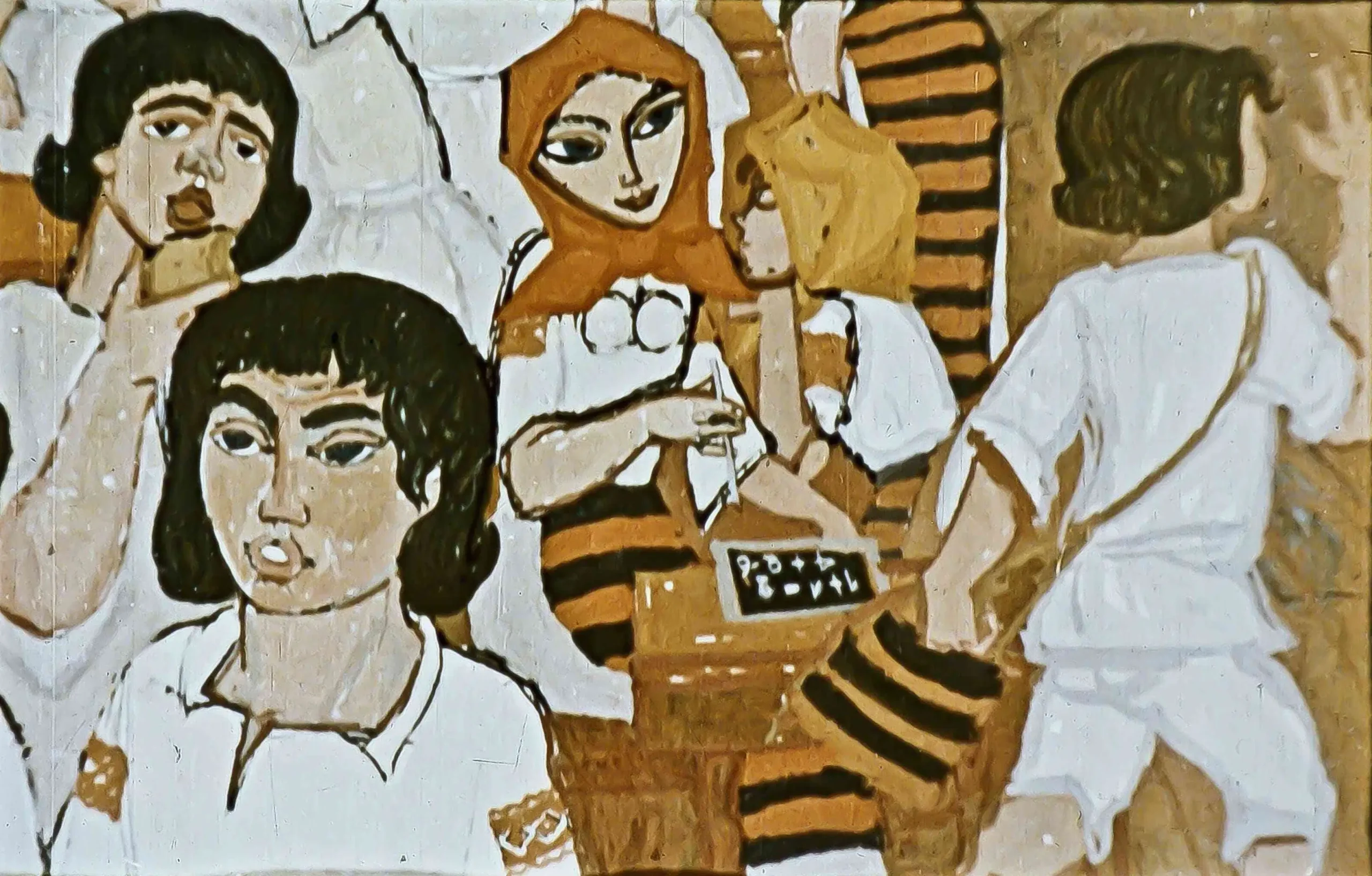 O scenă dintr-o pictură cu personaje discutând, text scris în partea de jos.