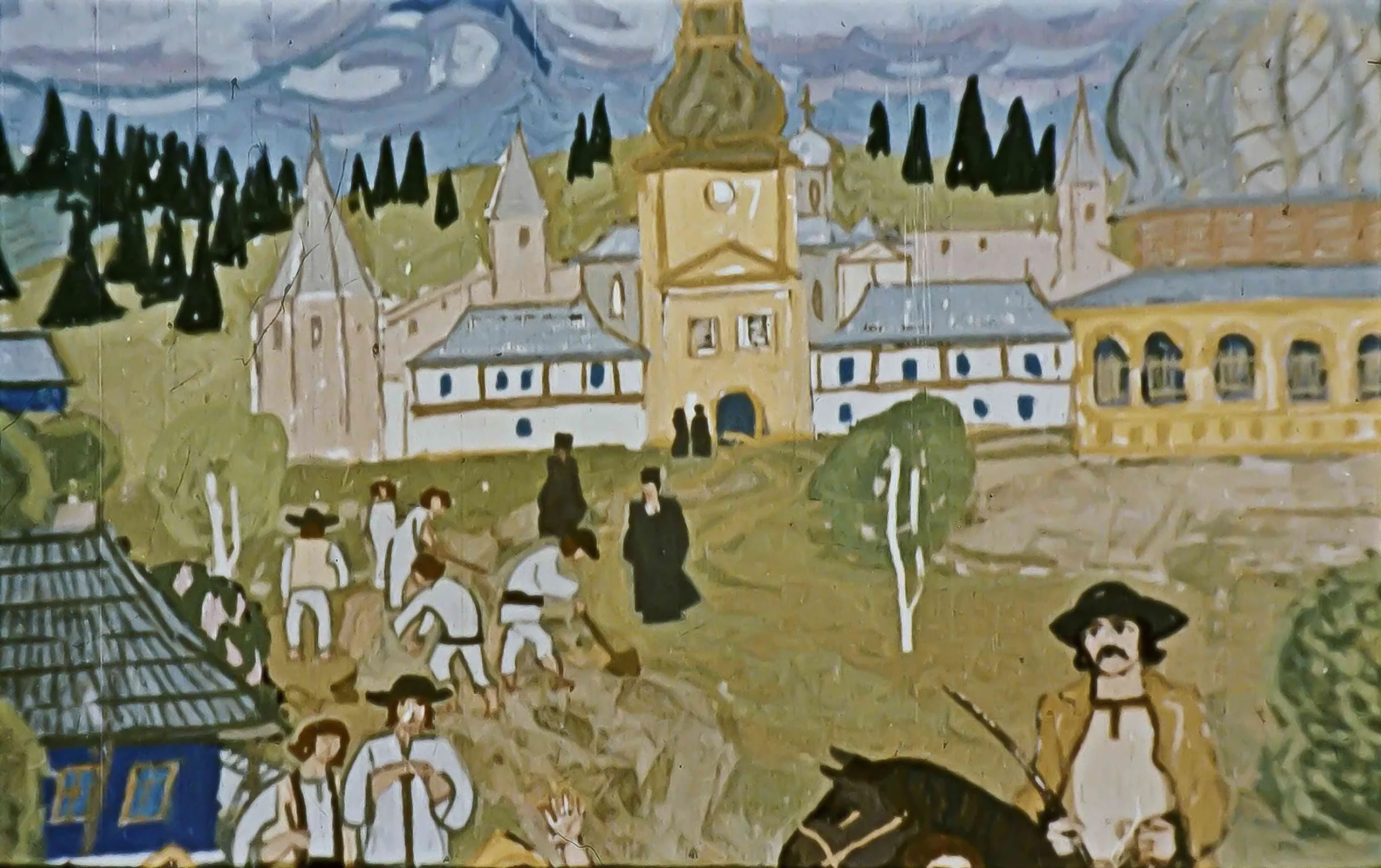 Ilustrație colorată cu un peisaj rural și oameni care lucrează, text în parte inferioară despre o strigare a unui lider comunitar.