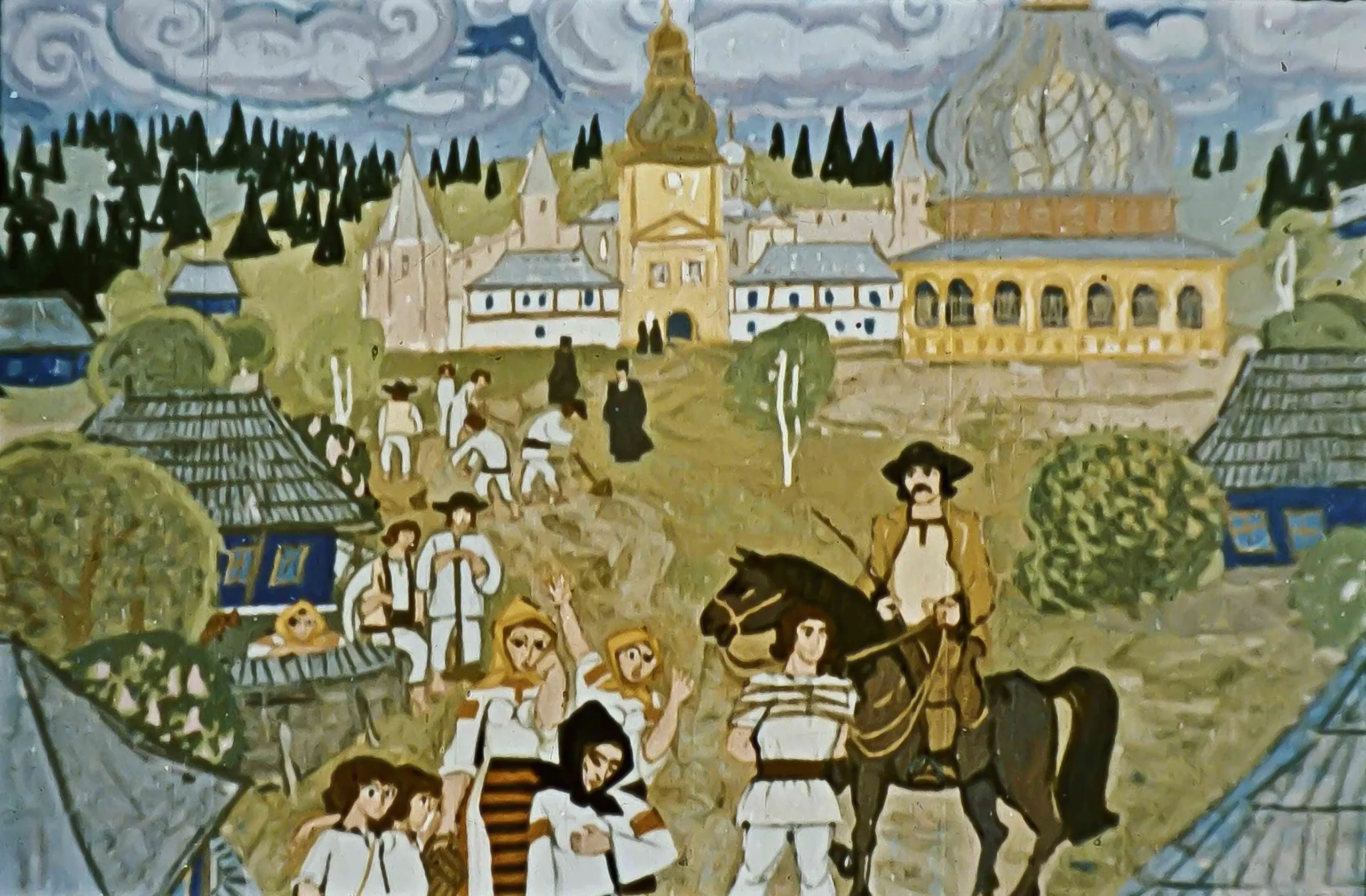 Ilustrație colorată cu personaje istorice și peisaje, incluzând un dialog asupra unei situații din trecut.