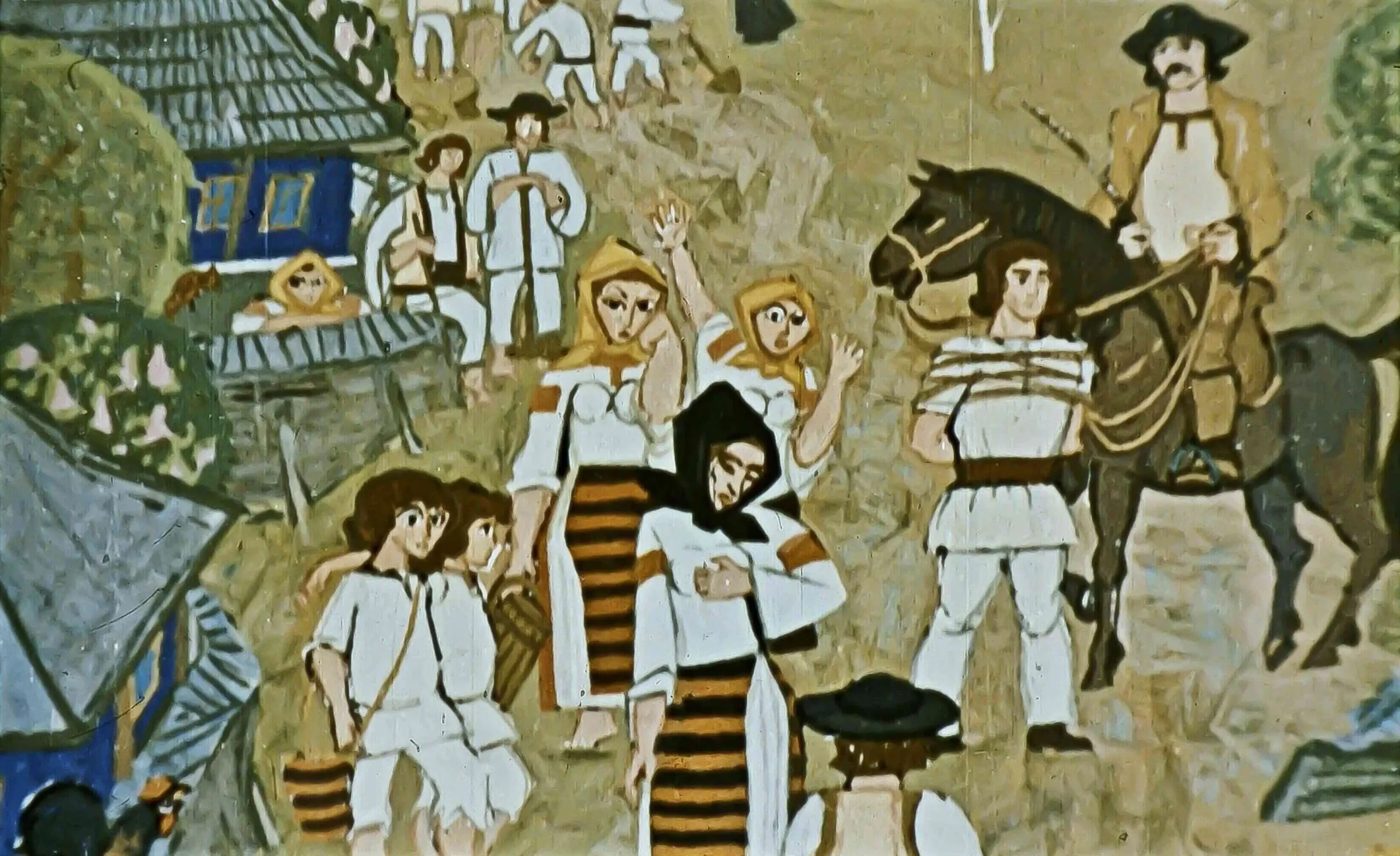 Imagine care ilustrează o scenă dintr-un sat, cu personaje îmbrăcate în costume tradiționale, afișând un text de fond despre tristețea comunității.