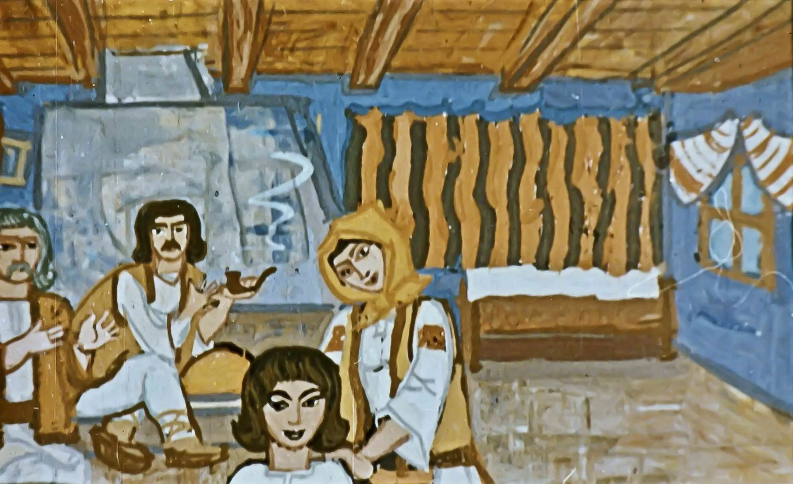 O scenă dintr-o ilustrație care prezintă o conversație între mai multe personaje într-un interior rustic.