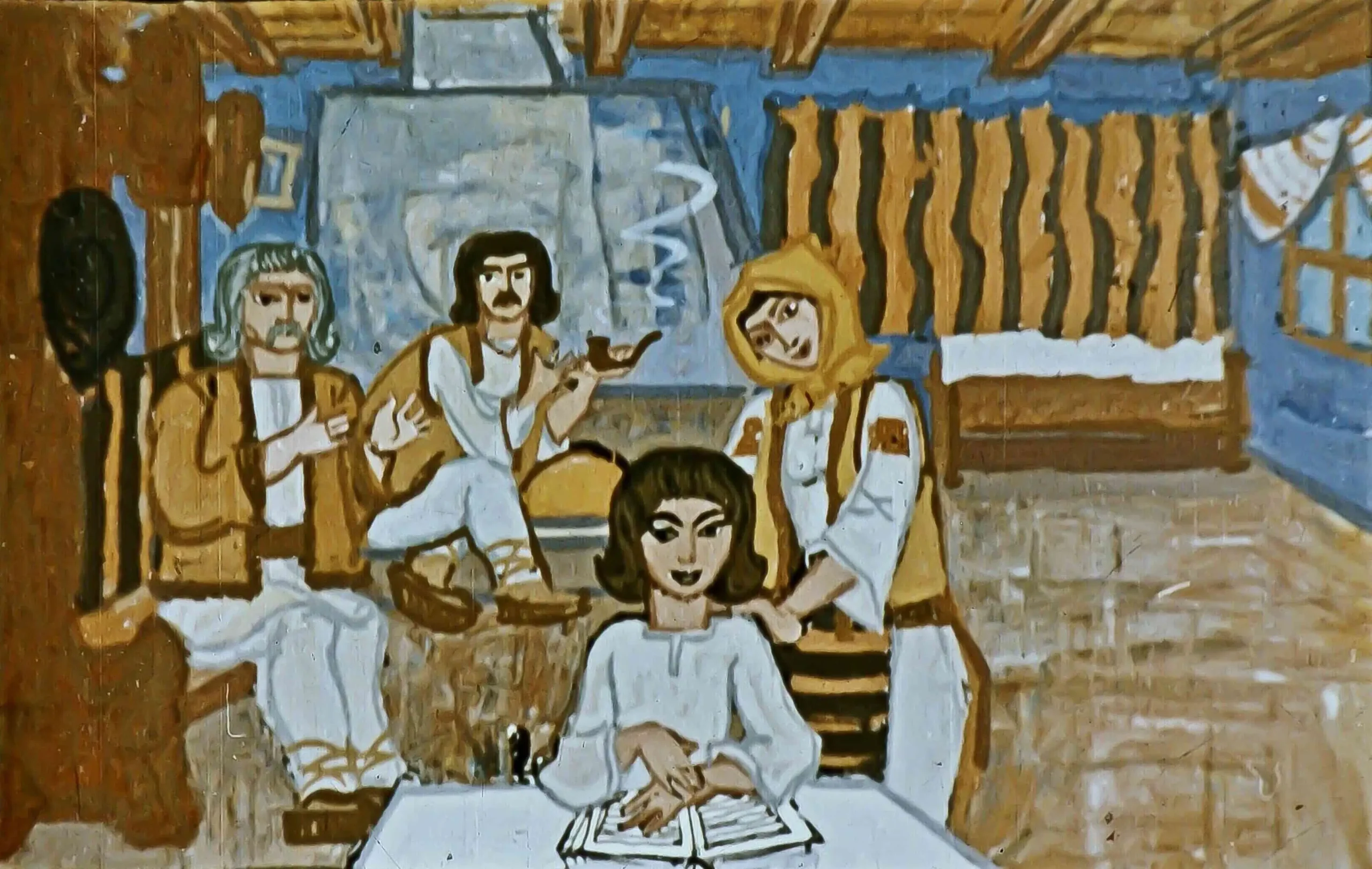 Ilustrație cu patru personaje în interiorul unei încăperi tradiționale, discutând despre despre învățare și înțelepciune.