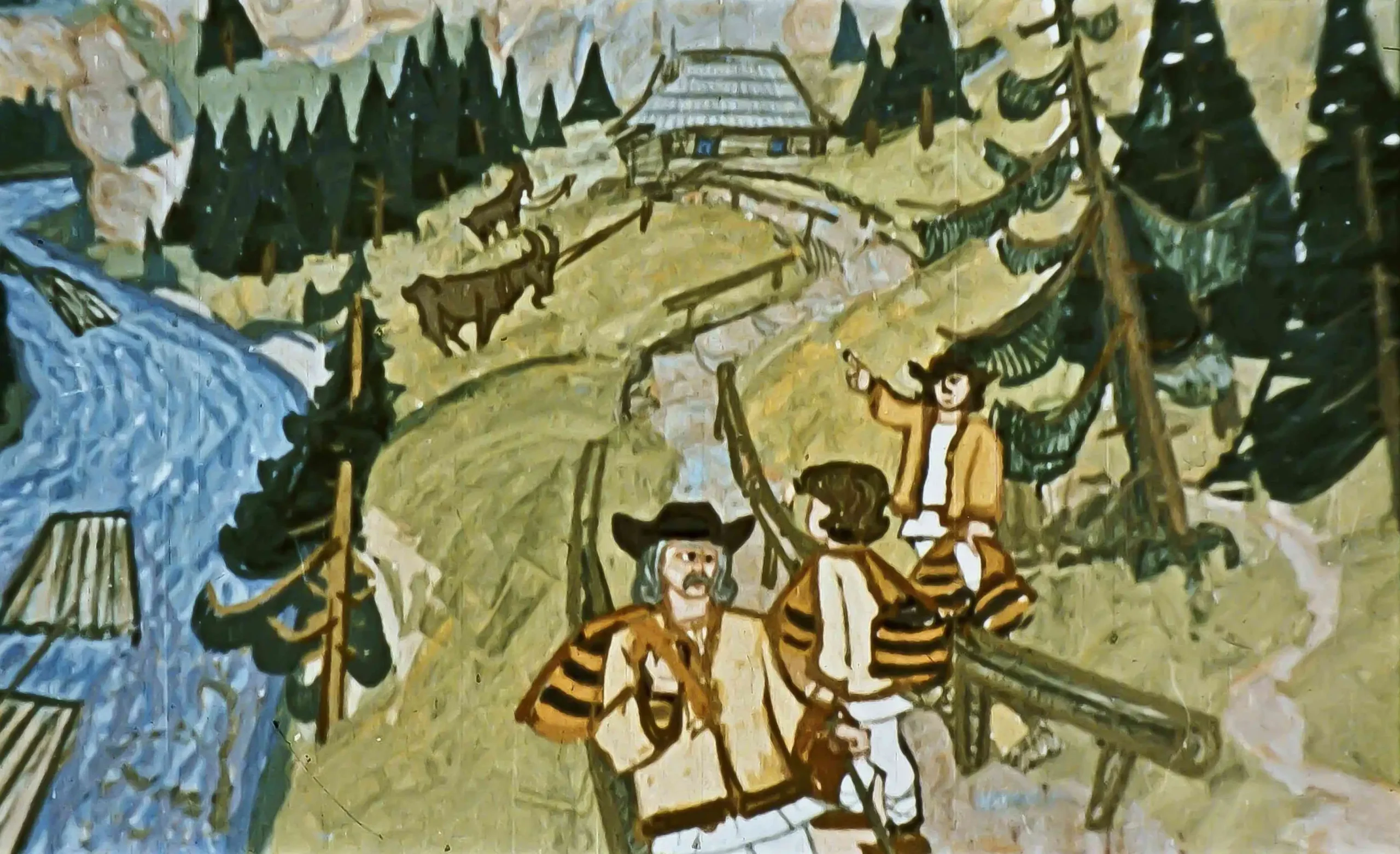 Imagine ilustrată cu oameni pe un drum de țară, lângă un râu, călare pe căruțe, cu o cabană în fundal.