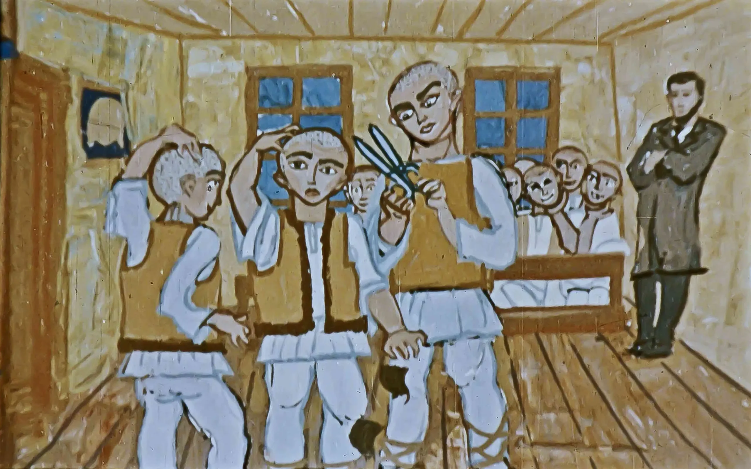 Imagine reprezentând o scenă de la școală, cu elevi care sunt tăiați de păr de către un profesor.