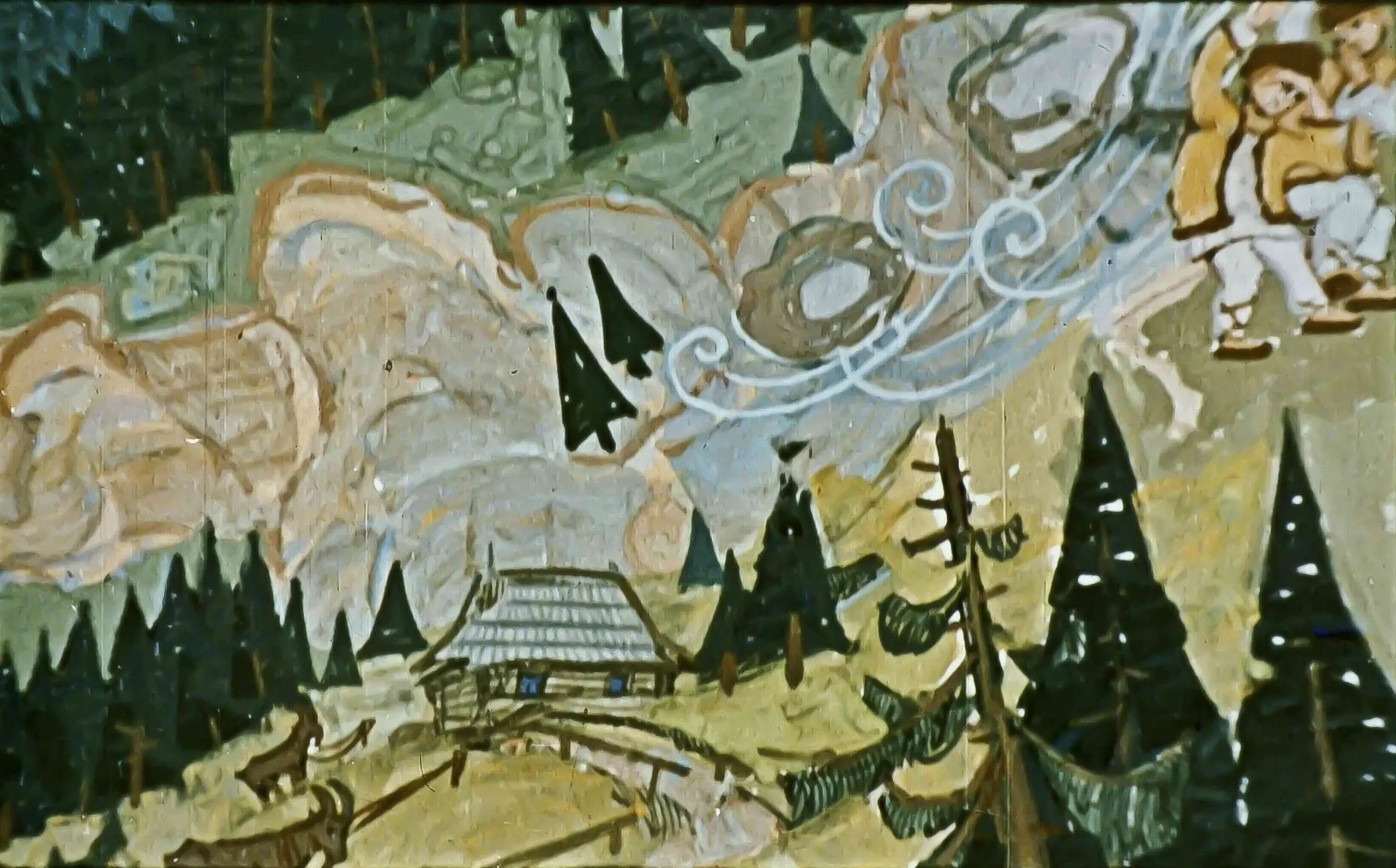 Ilustrație care prezintă un peisaj montan cu o cabană, copaci și o persoană în mișcare, însoțită de o descriere literară.