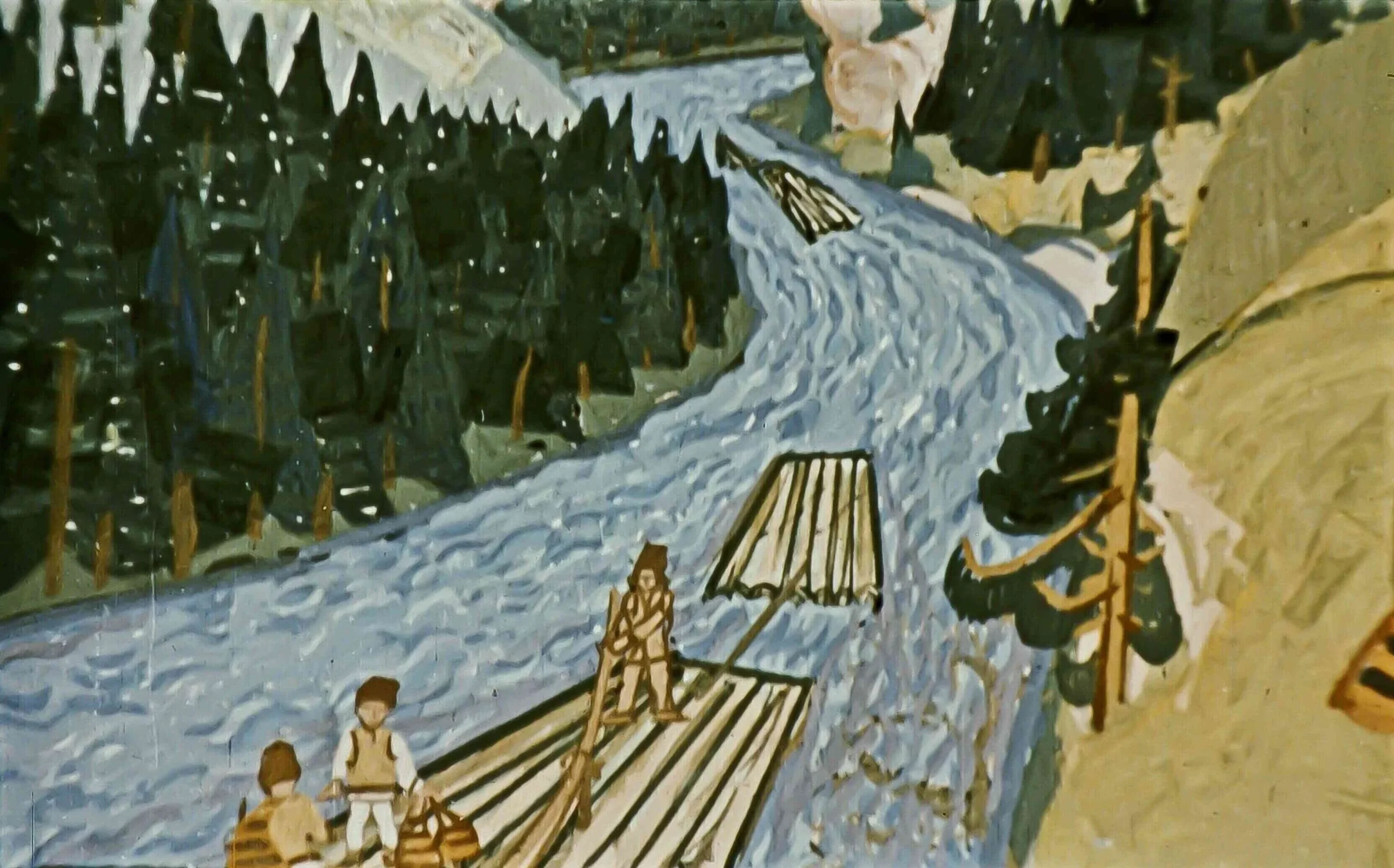 Ilustrație cu oameni pe o apă învolburată, discutând despre fuga cu pluta.