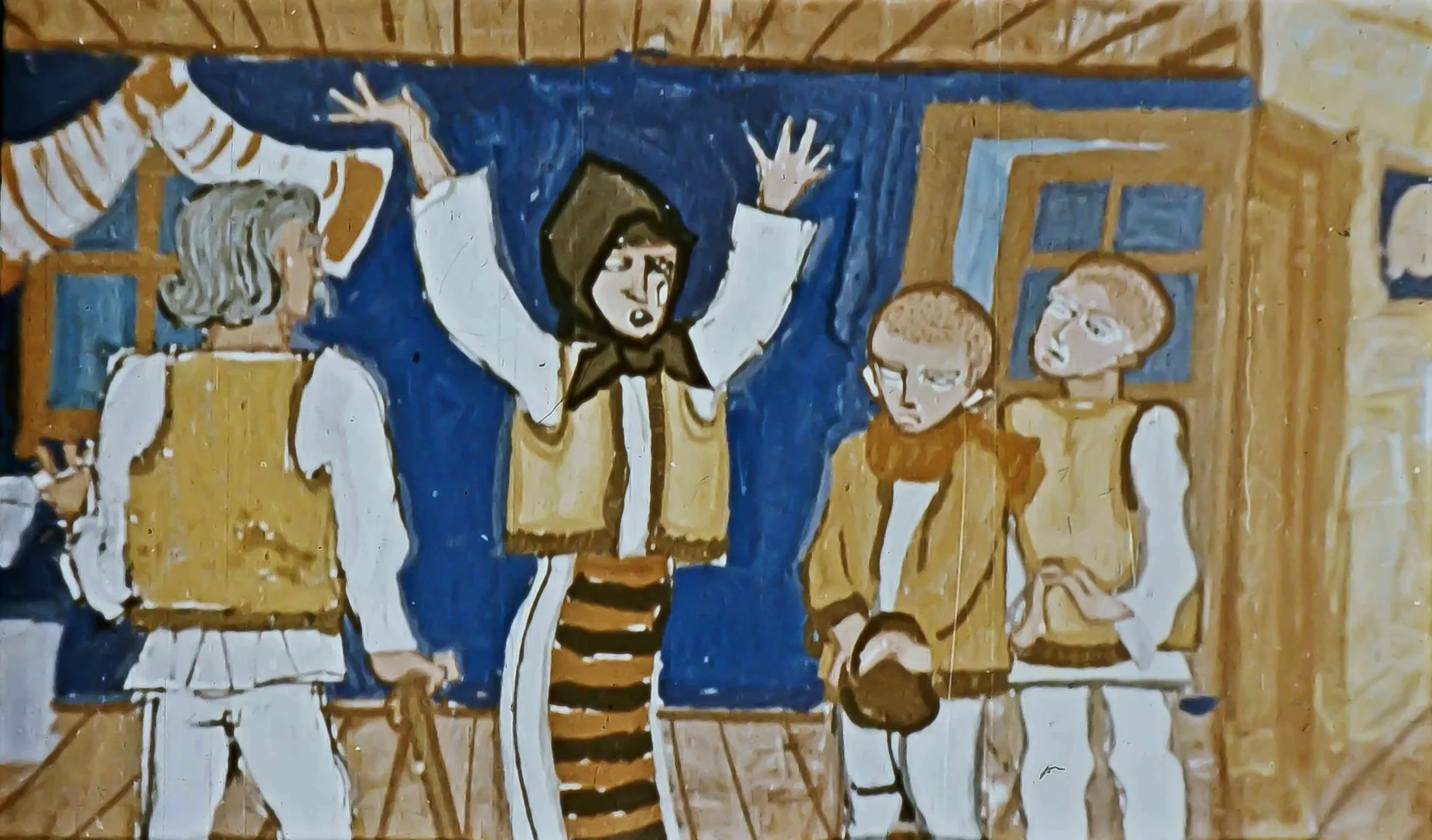 Ilustrație animată cu personaje care discută într-o cameră, având un text de dialog în partea inferioară.