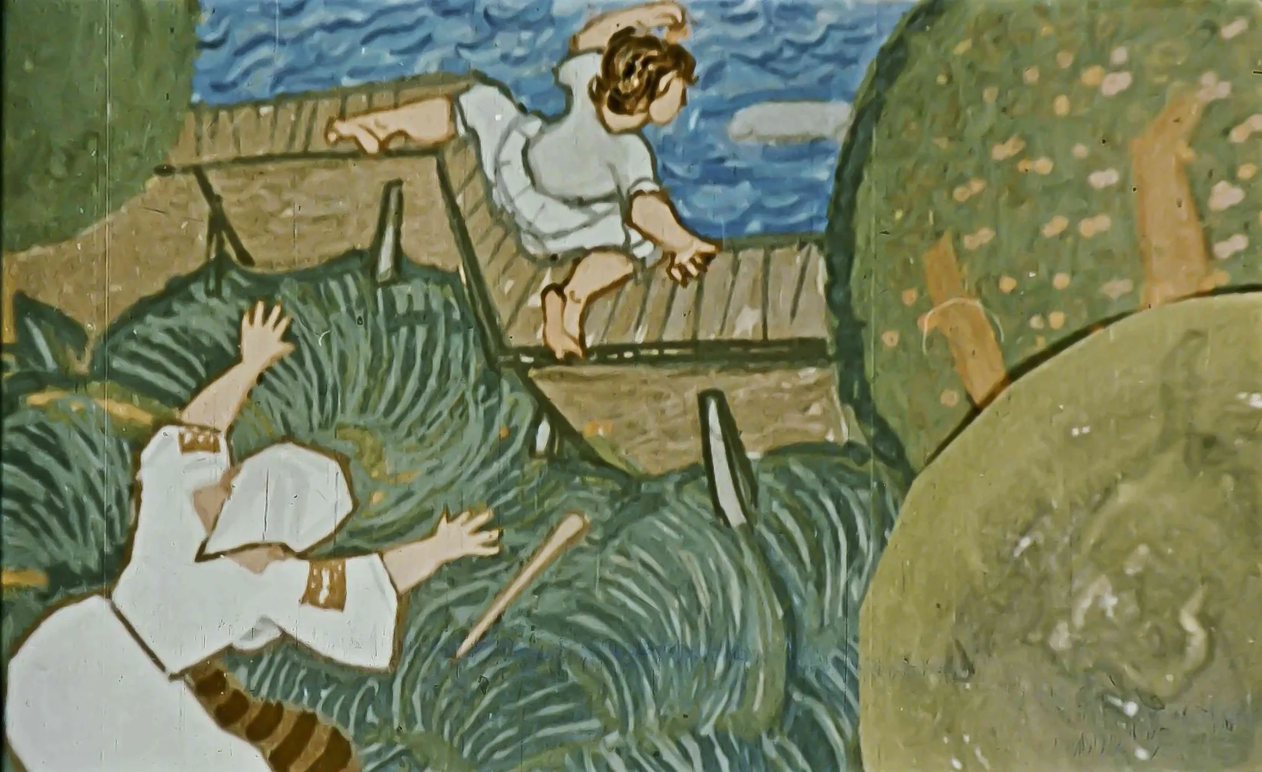 O ilustrație animată cu un personaj pe un pod și alt personaj întins pe iarbă, cu text explicativ în partea de jos.