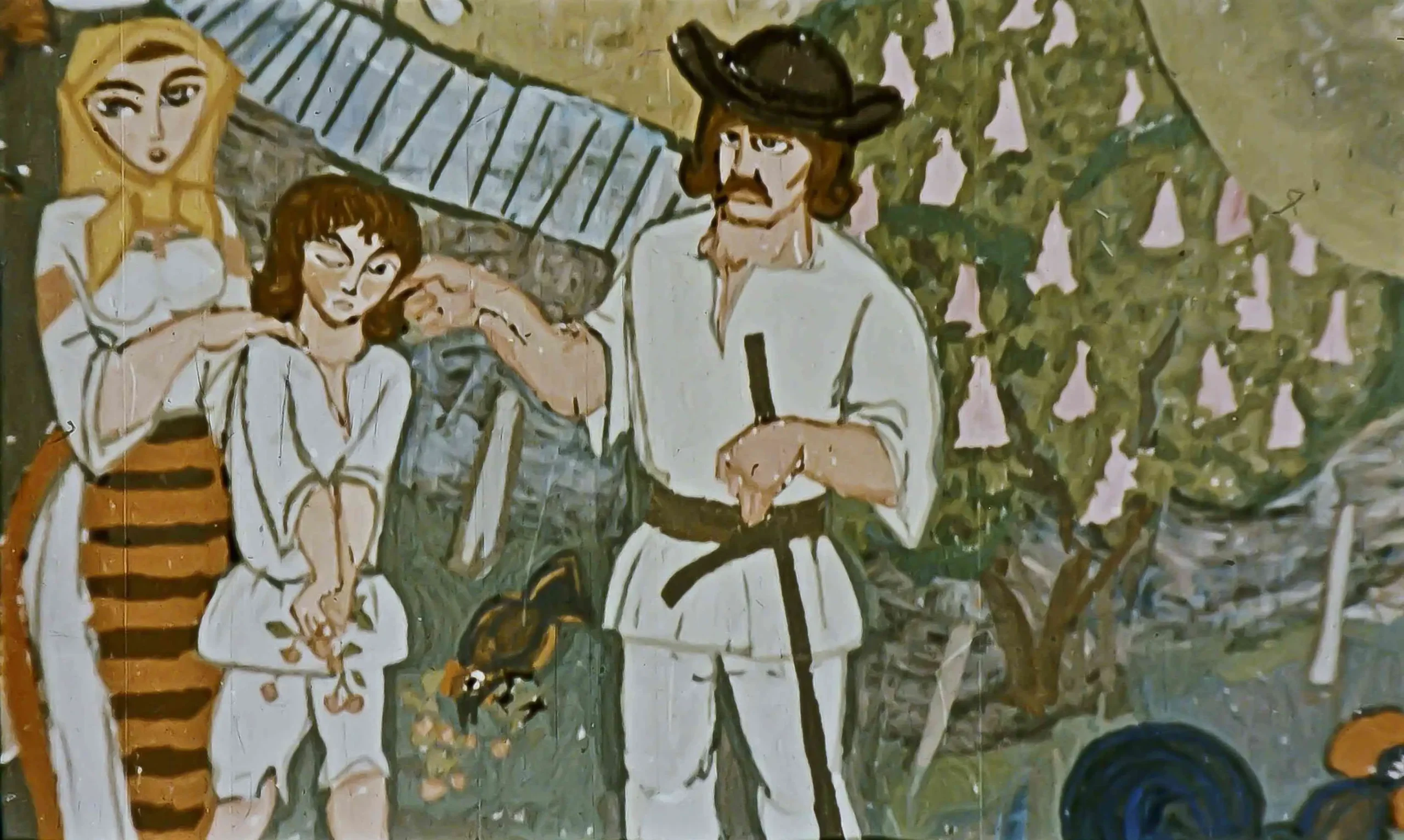 O scenă ilustrată cu personaje discutând despre cireșe, cu text la baza imaginii.