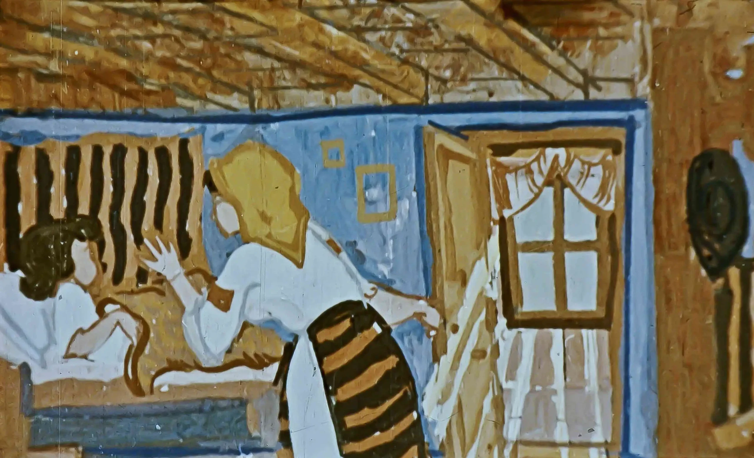 Imagine artistică cu două personaje în interior, unul stând în pat și celălalt interacționând, cu text în partea de jos.