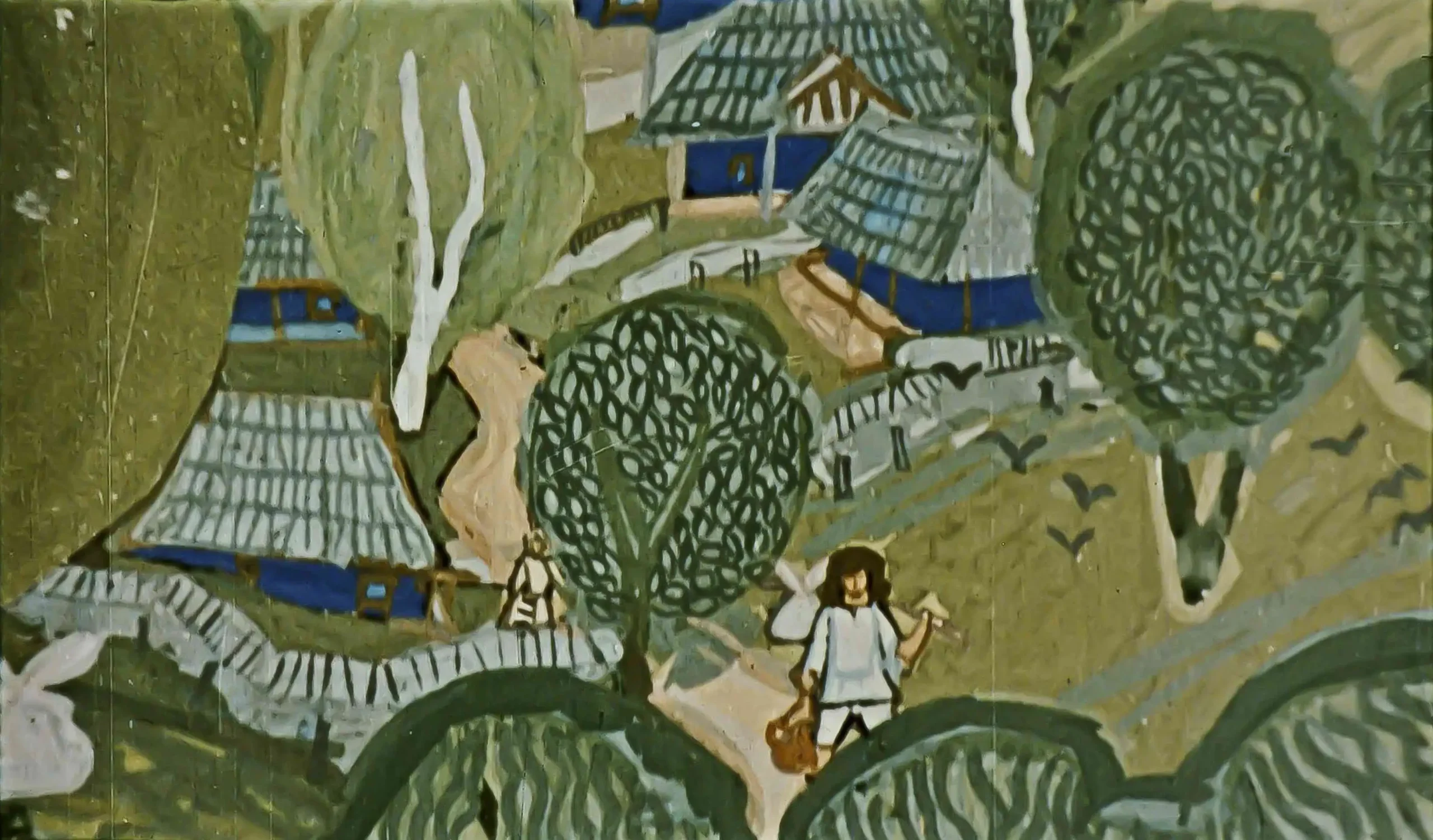 Ilustrație cu un peisaj rural și un personaj care merge pe alee, cu arbori și case în fundal.