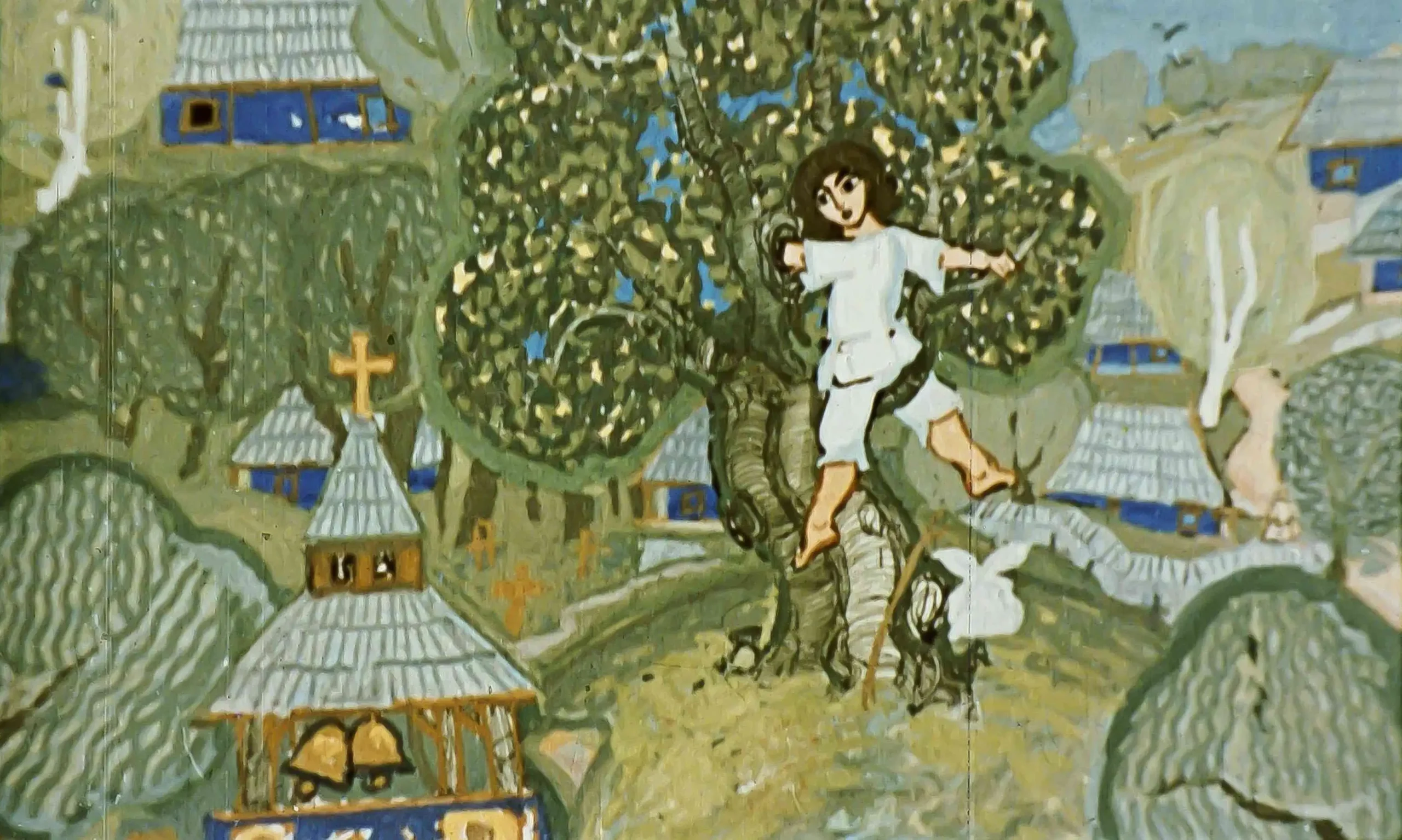 Un fragment de text dintr-o poveste ilustrată, plasat pe un fundal artistic cu un copac și case tradiționale.