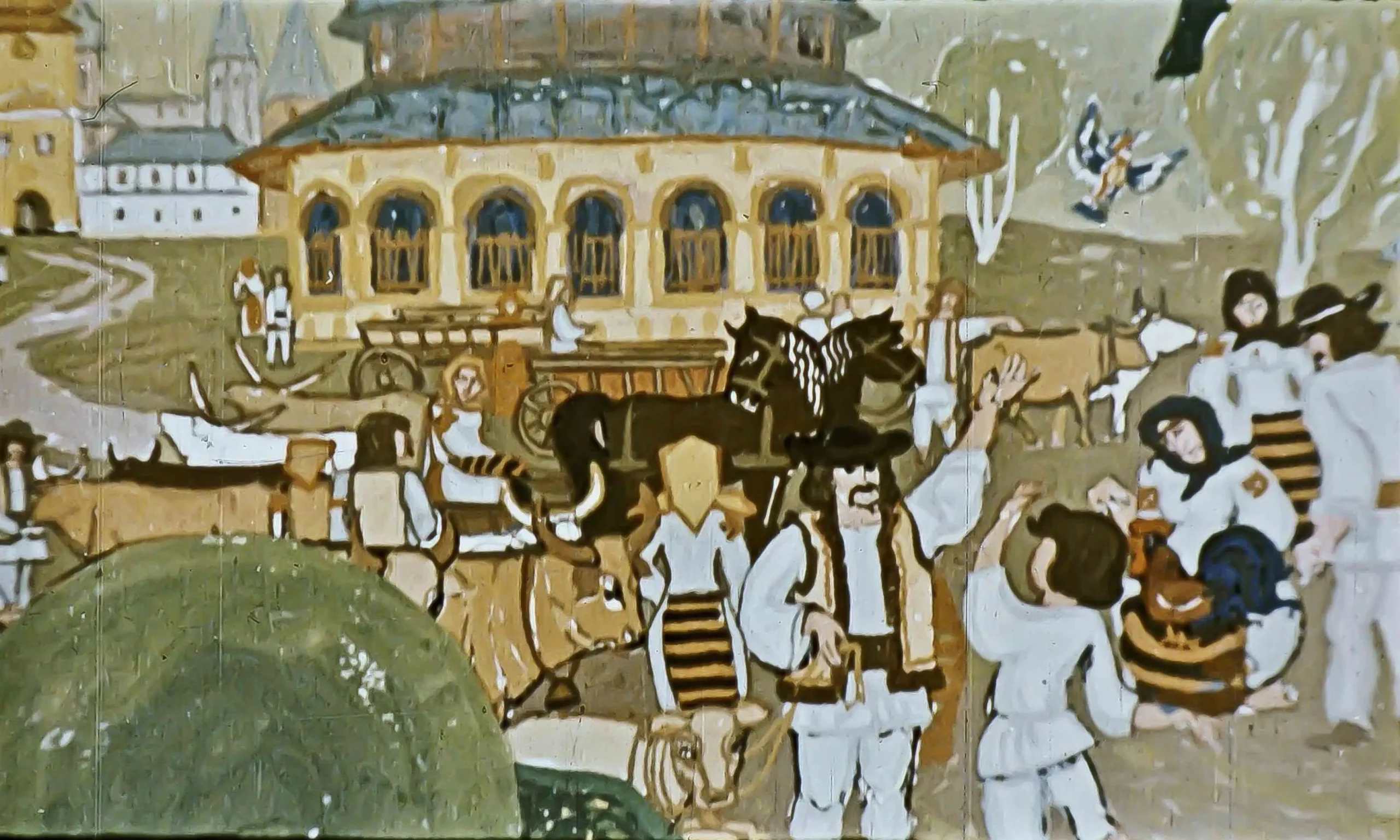 Imagine dintr-o scenă rurală cu personaje tradiționale și un text în partea de jos care descrie o conversație despre vânzarea unei găini.