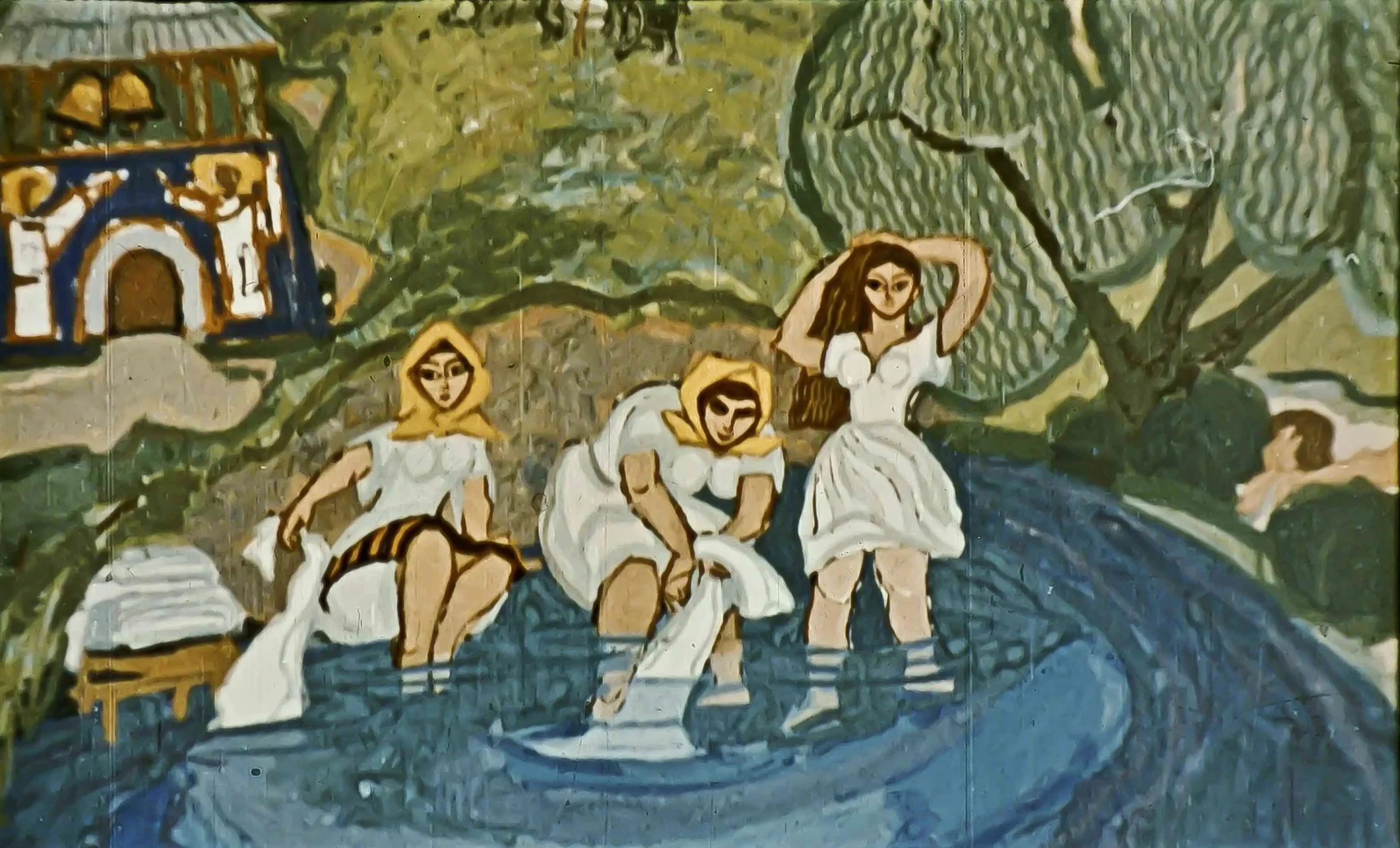 Ilustrație cu trei femei lângă apă, una își răsfață părul, iar două stau în apă, cu un peisaj de natură în fundal.