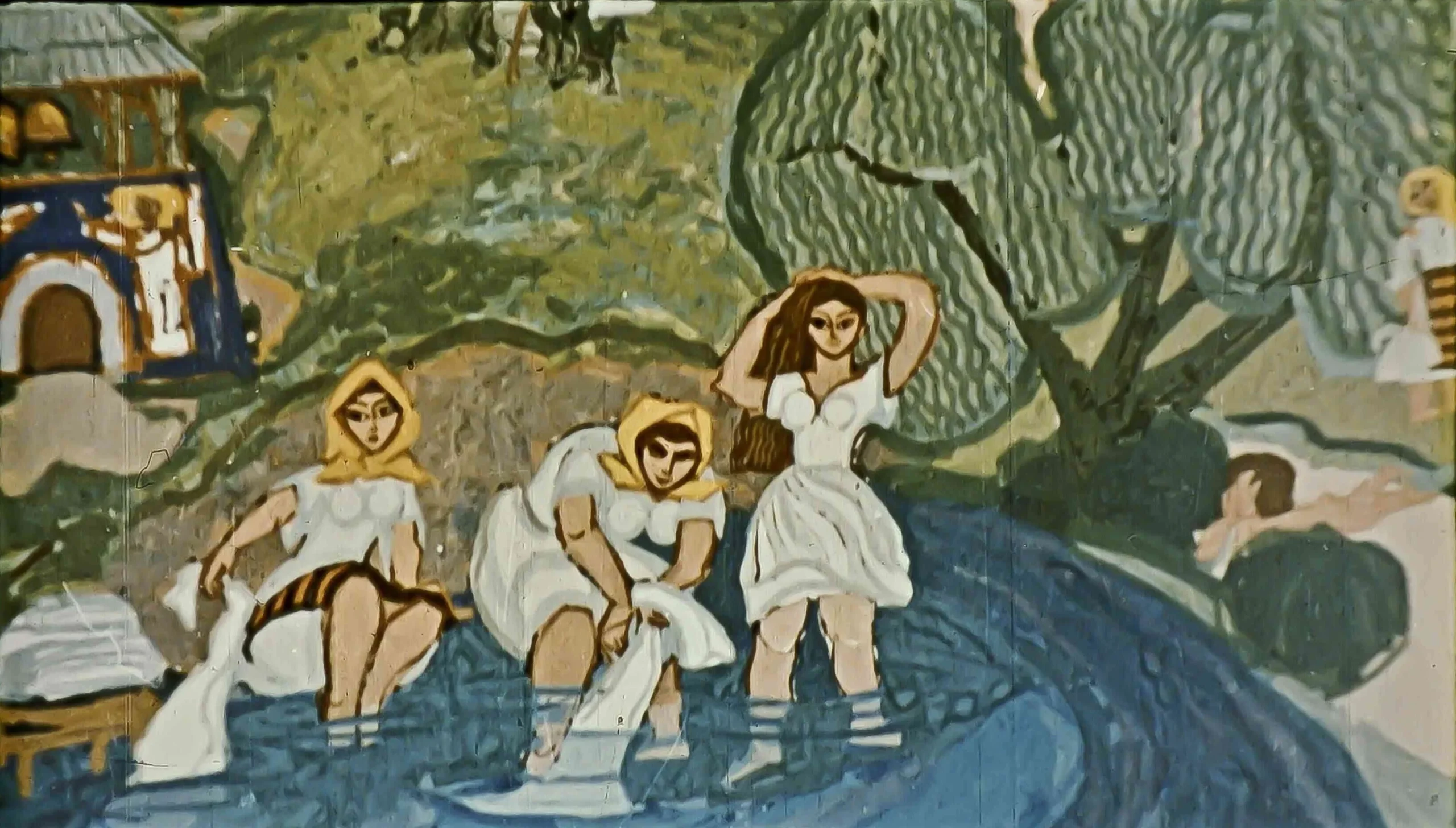 Imagine artistică cu oameni lângă apă, text în partea de jos despre o conversație familială.