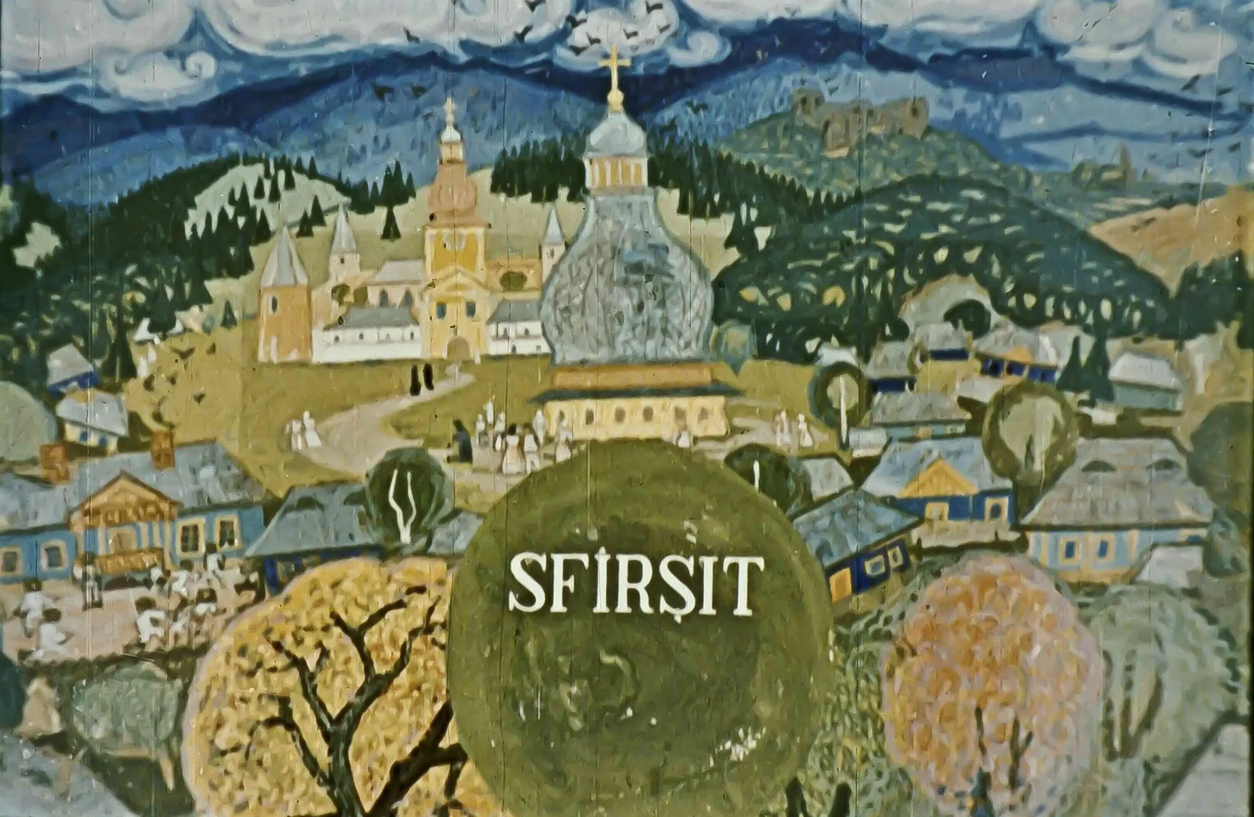 O pictură colorată reprezentând un peisaj rural, cu textul SFÂRȘIT în centrul imaginii, urmat de o frază despre viață și identitate.