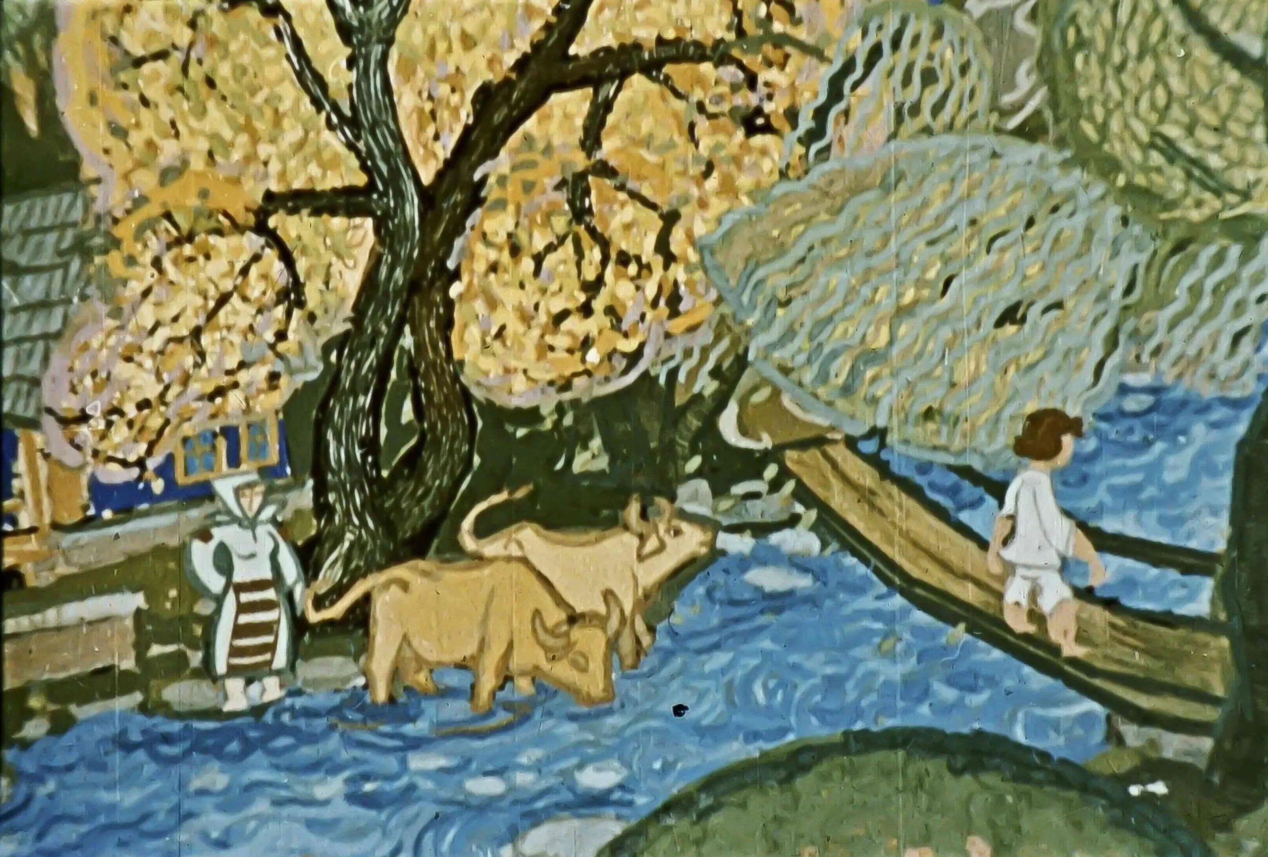 Imagine colorată care ilustrează o scenă pastorală cu un râu, copaci și personaje într-un peisaj idilic.