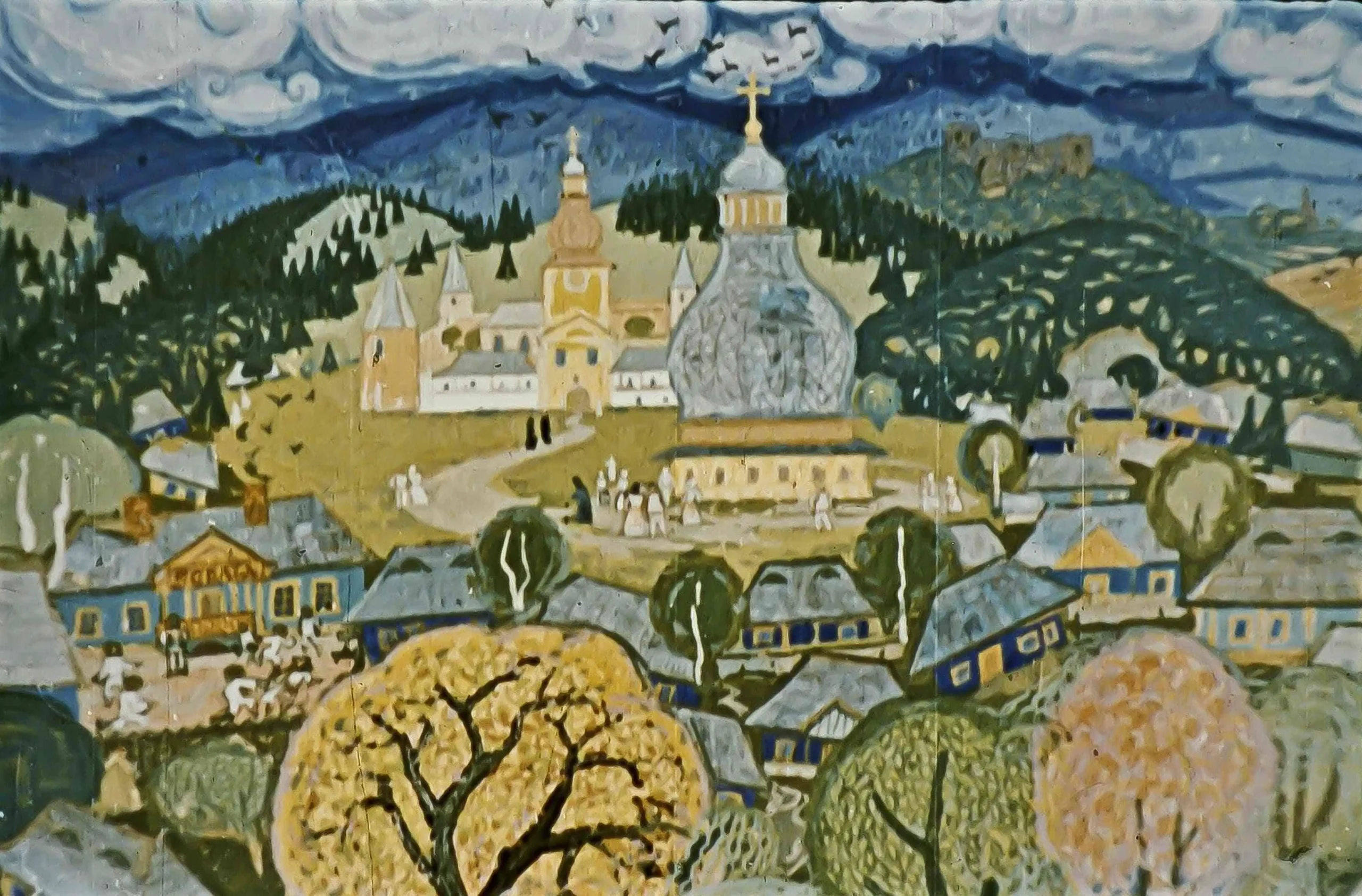 Imagine vibrantă a unui peisaj montan, cu un oraș și biserici, evocând stări de bucurie.