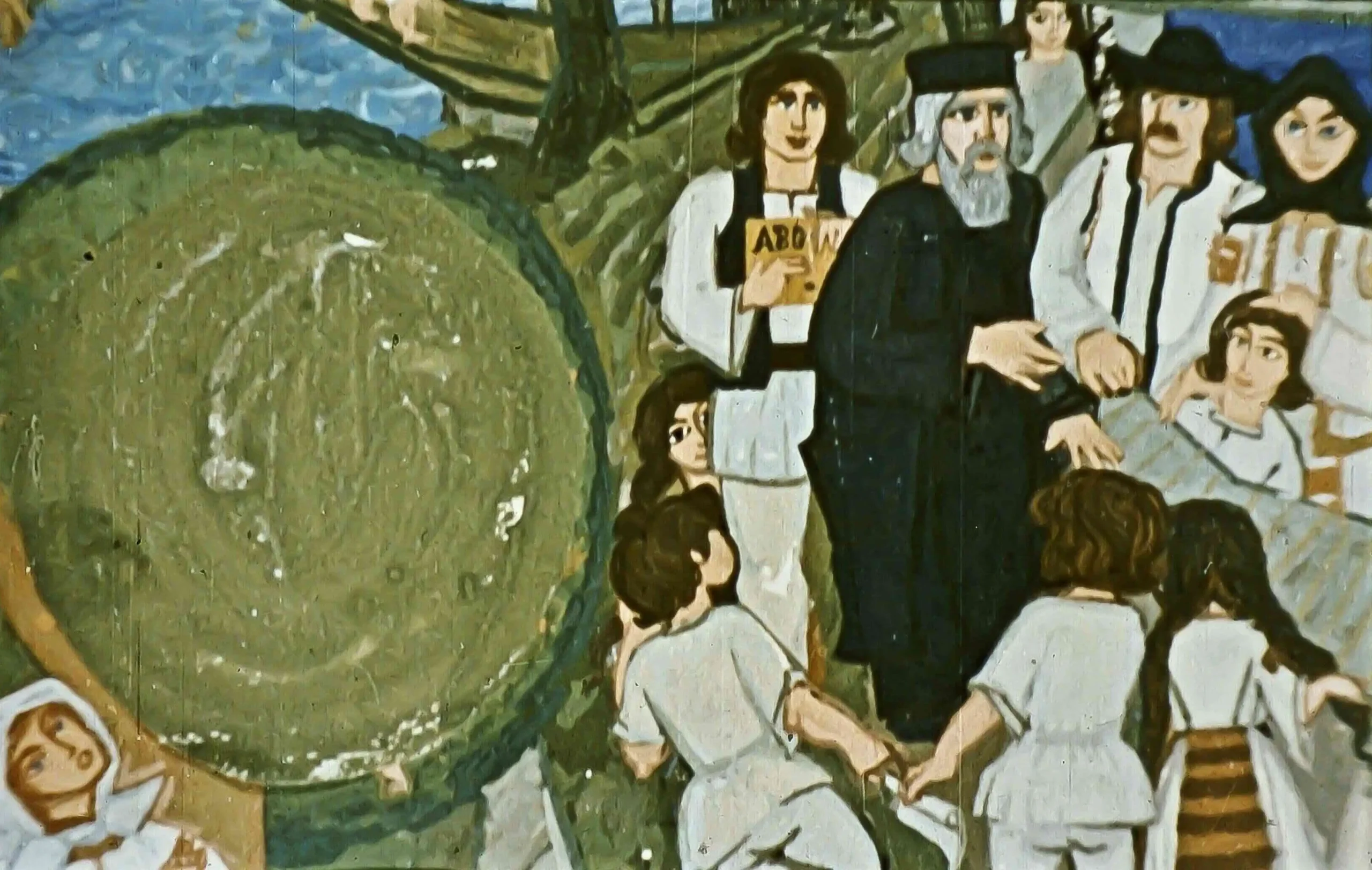 O scenă pictată cu oameni, incluzând un preot și alte figuri, discutând despre educația copiilor.