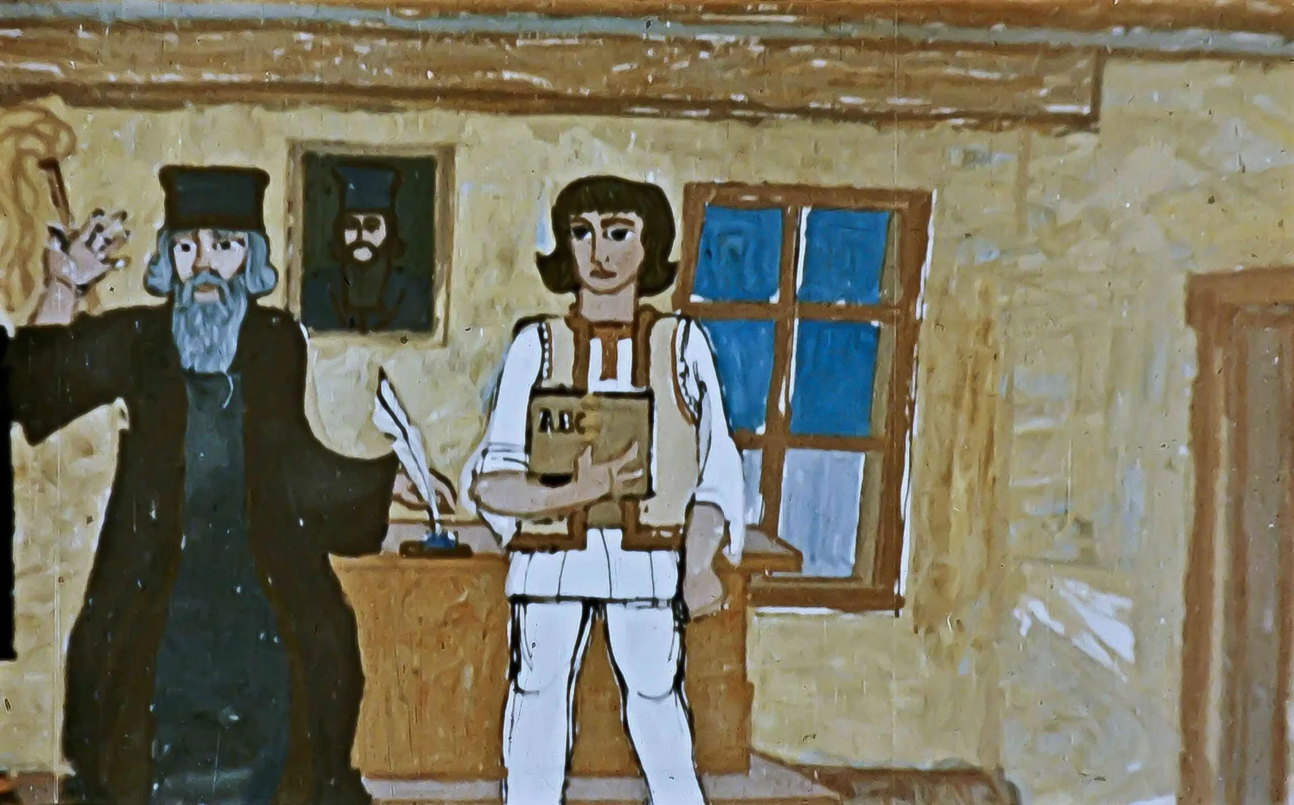 Ilustrație cu un părinte și un elev într-o clasă, cu text explicativ despre reguli și tradiții.