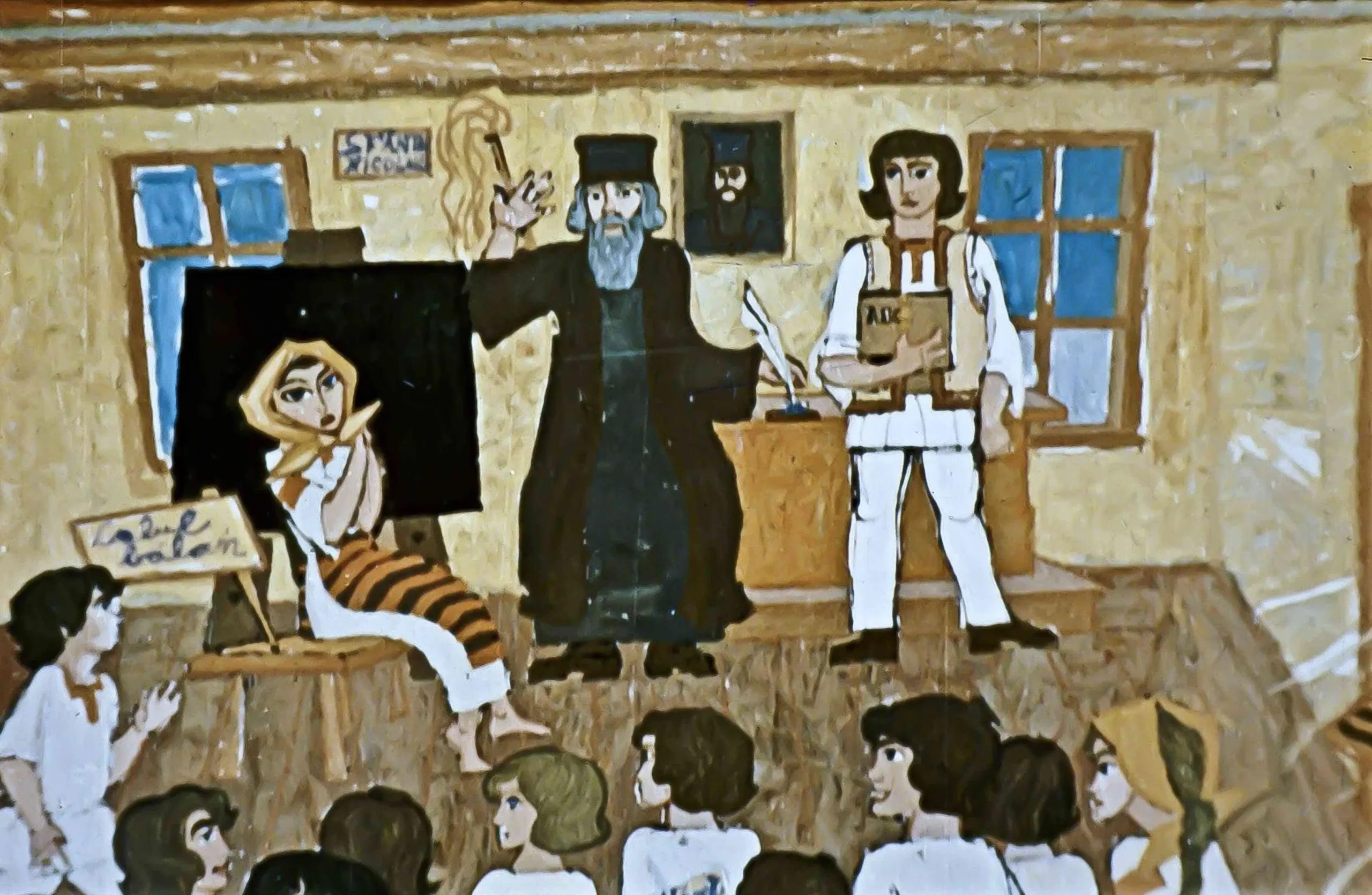 Imagine reprezentând o scenă cu personaje într-o încăpere, cu text scris la baza imaginii.