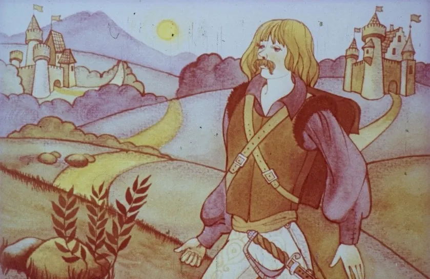 Ilustratie cu un barbat in haine medievale, stand in fata unor coline si castele, cu un peisaj natural in fundal.